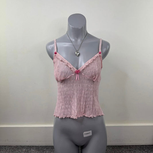 Y2K vintage mesh cami top crinkle rose baby pink lettuce hem cropped sheer