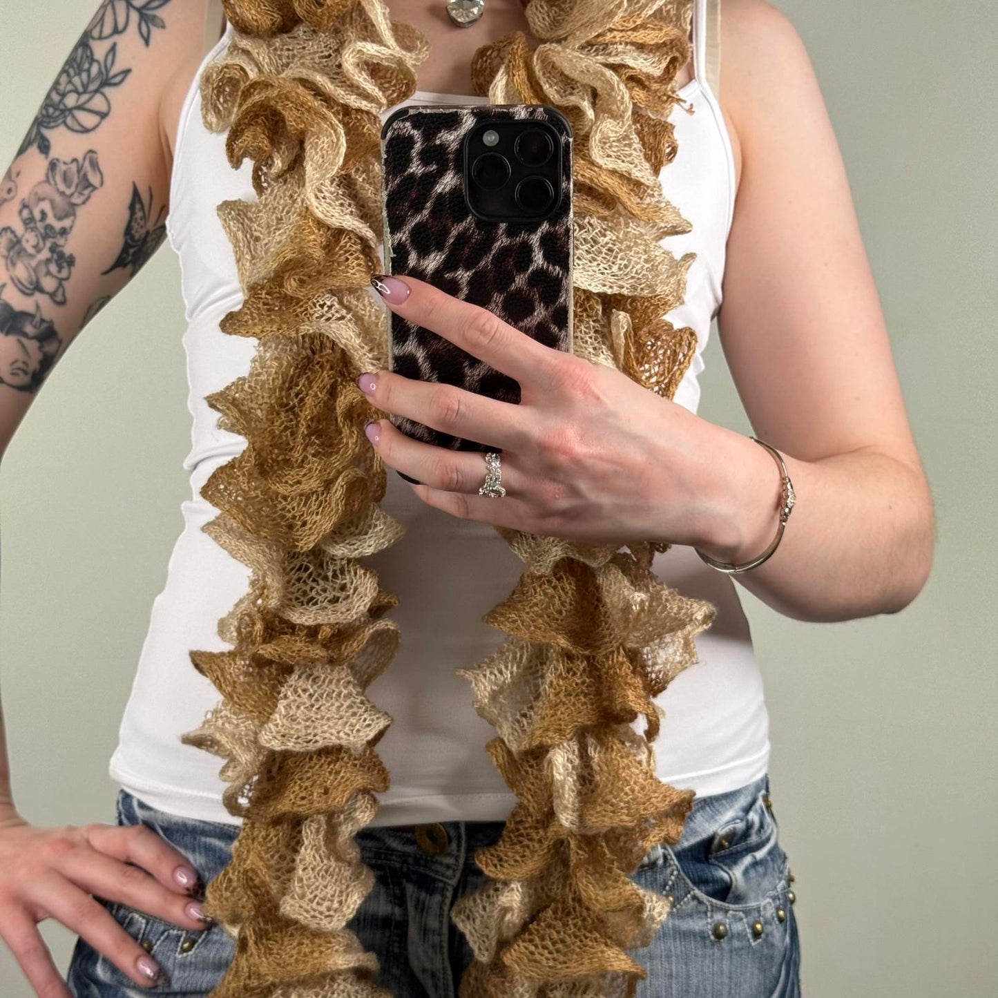 Y2K vintage knitted ruffle scarf layered beige cream knit