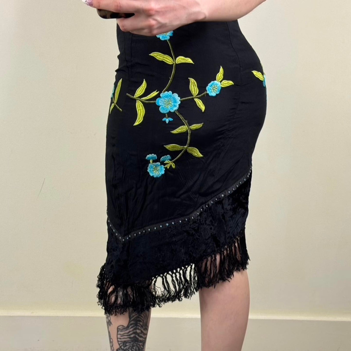 Y2K vintage midi dress asymmetrical floral embroidery fringe beaded velvet trim