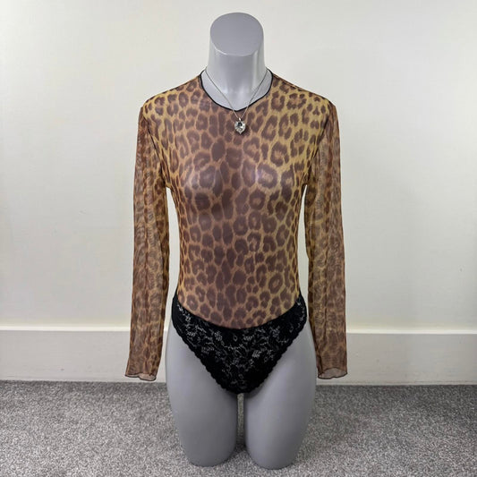 80s vintage Guy Laroche long sleeve bodysuit mesh lace leopard print sheer