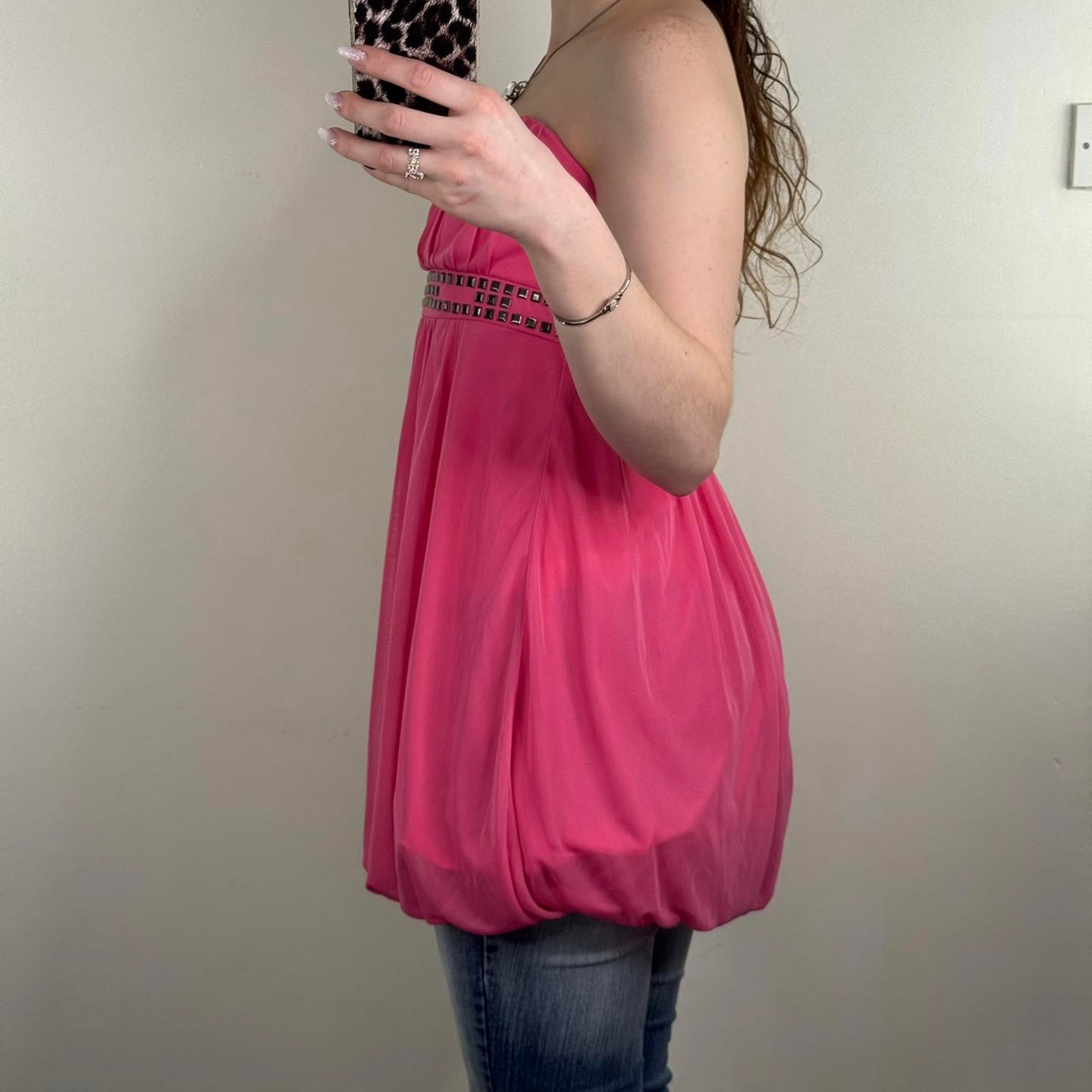 Y2K vintage strapless peplum top studded ruched mesh overlay pink 2010s