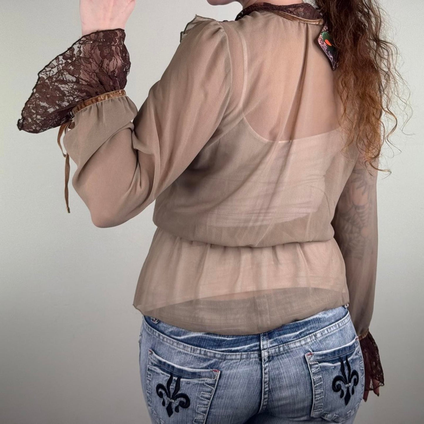Y2K vintage blouse lace sheer frilly ruffle button up high neck long sleeve bow