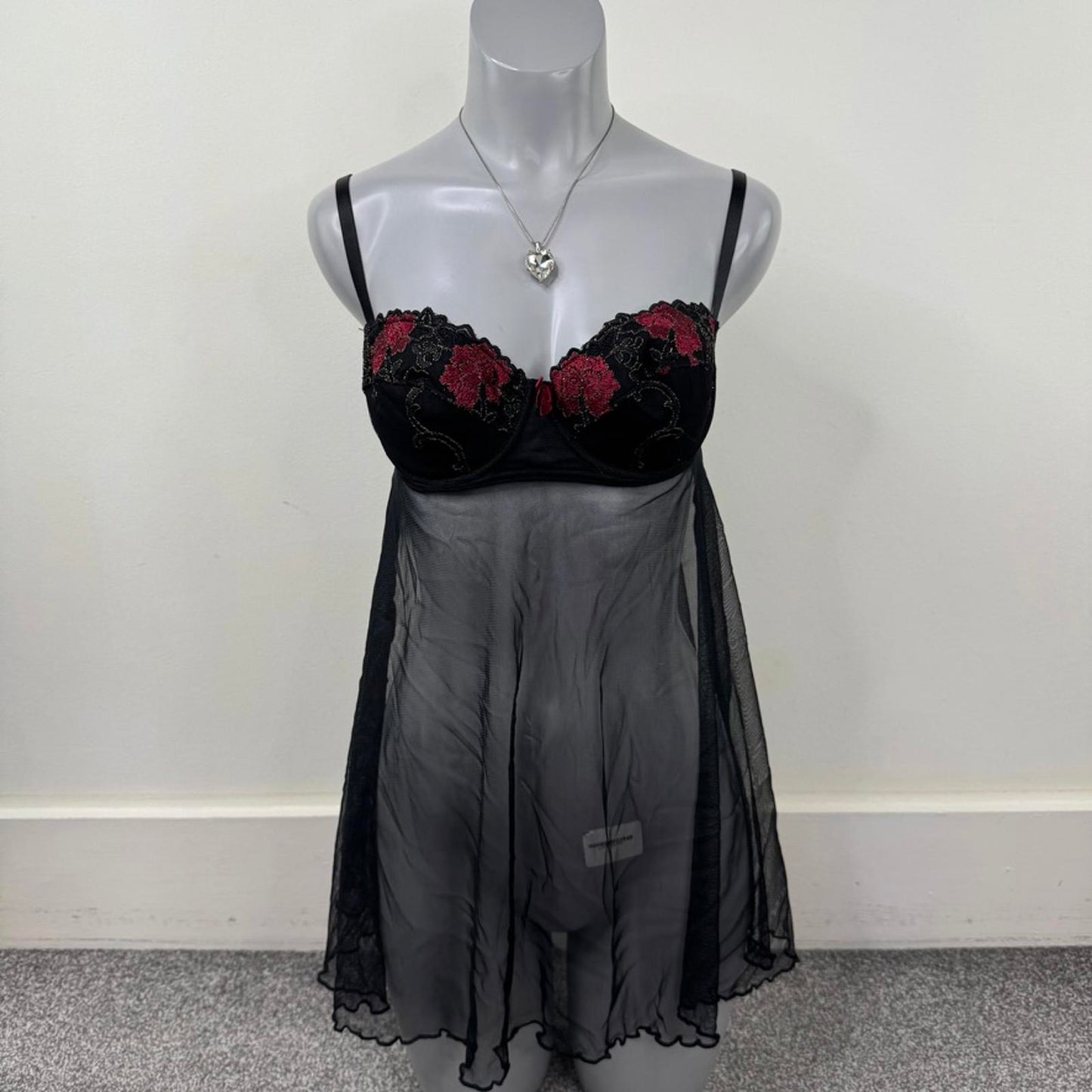 Y2K vintage mesh babydoll underwire floral embroidered bow adjustable straps