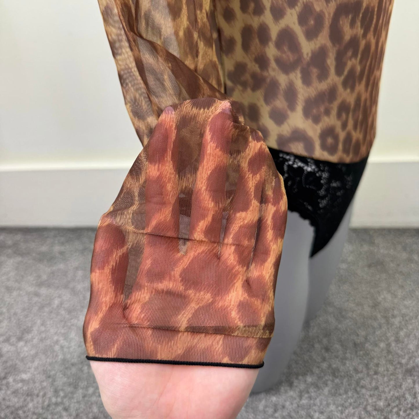 80s vintage Guy Laroche long sleeve bodysuit mesh lace leopard print sheer