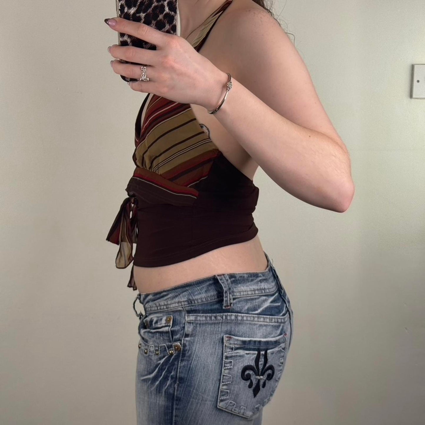 Y2K vintage halter neck top slinky v neck bow stripe low cut stretchy brown