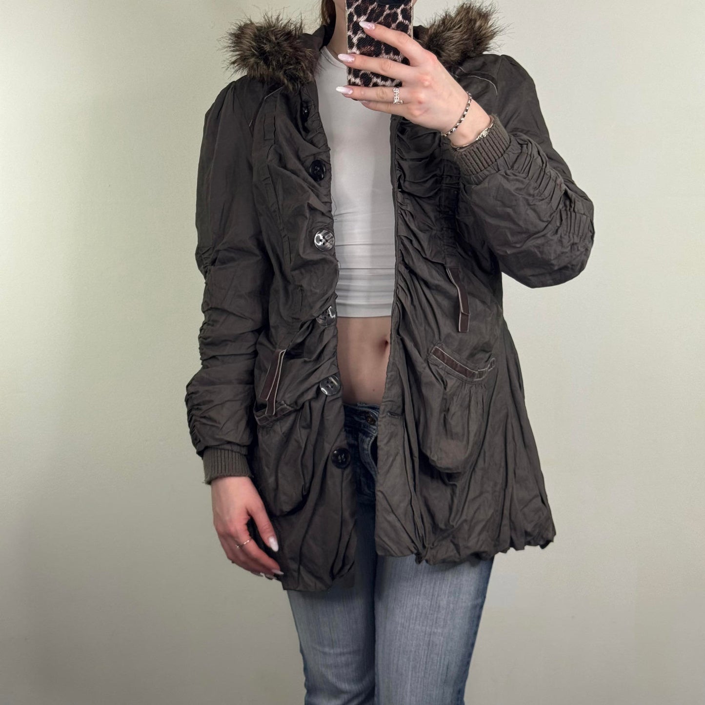 Y2K vintage parka coat ruched bow faux fur hood button up coquette brown velvet
