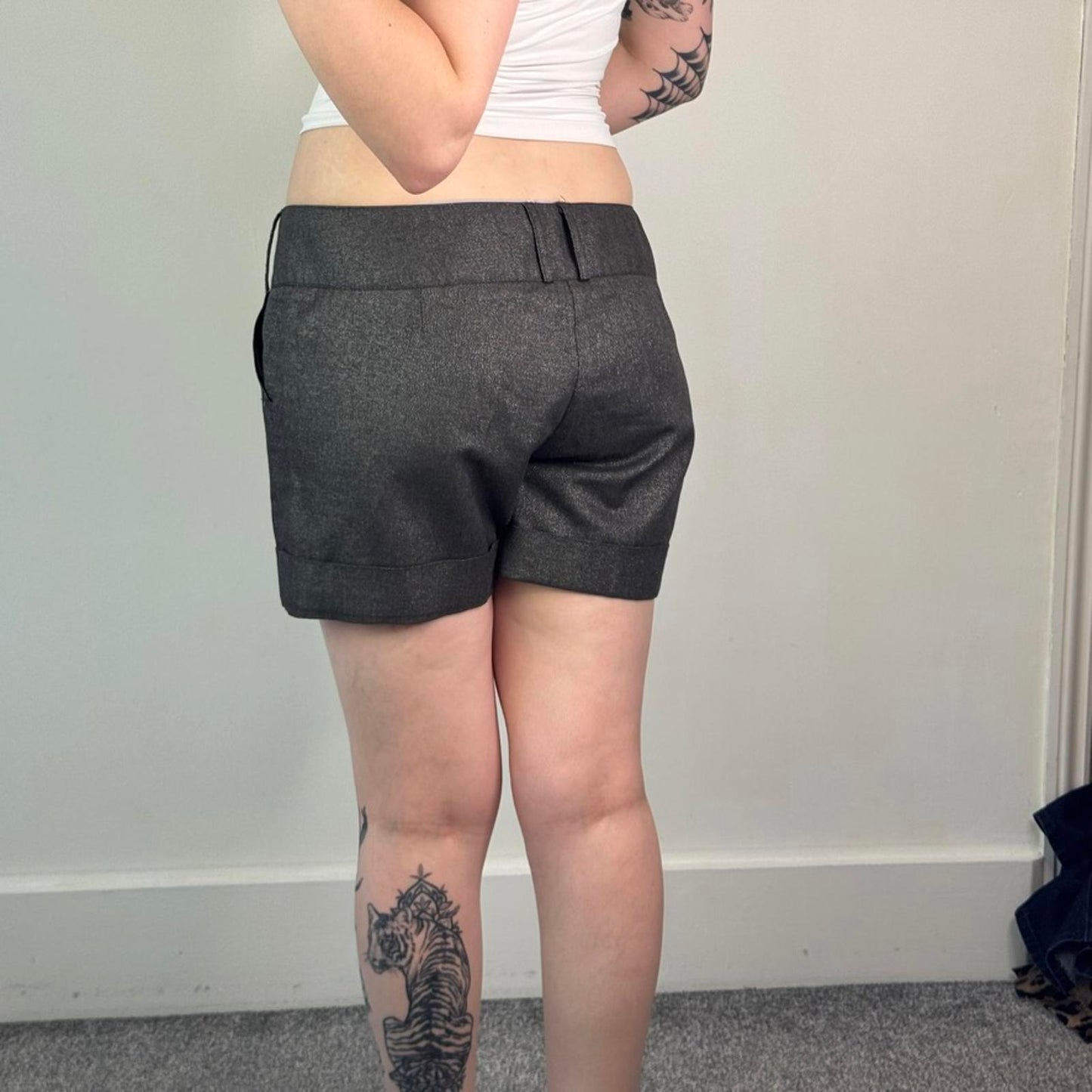 Y2K vintage sparkly glitter mid rise chino mini shorts with big button belt loop