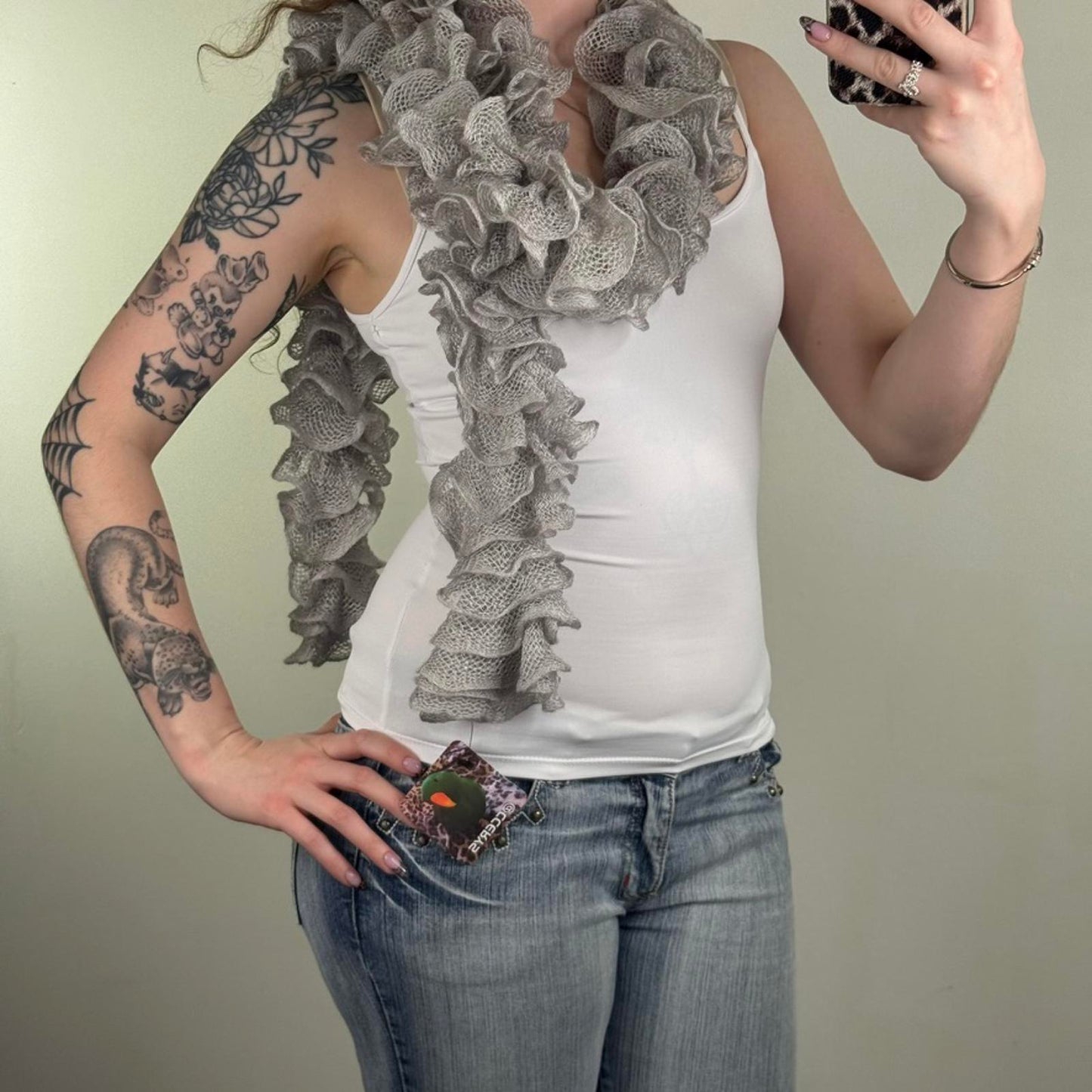 Y2K vintage knitted scarf ruffle layered sparkly grey glitter silver