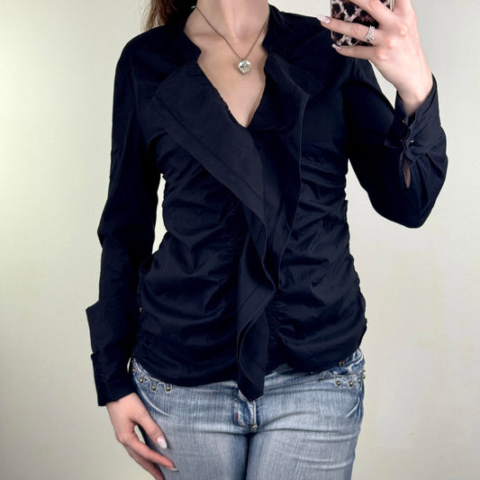 Y2K vintage blouse stretchy ruffle long sleeve v neck shirt fitted black ruched