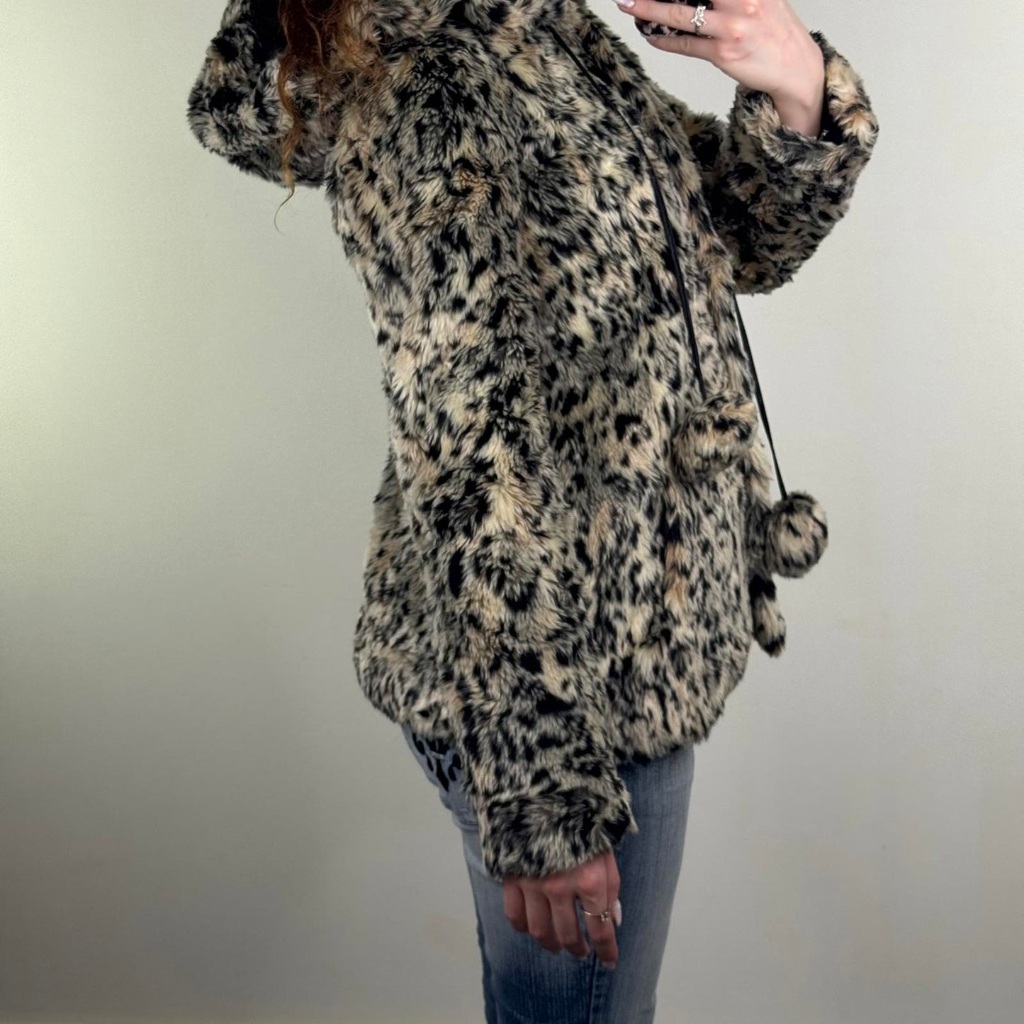 Y2K vintage River Island faux fur leopard print coat button up with hood pom pom