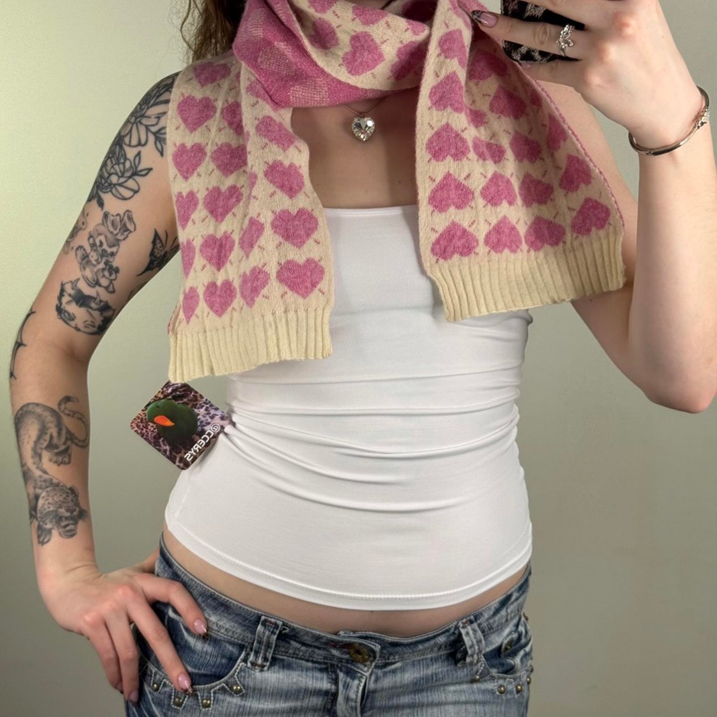 Y2K vintage heart scarf angora wool blend cream pink sparkly knitted