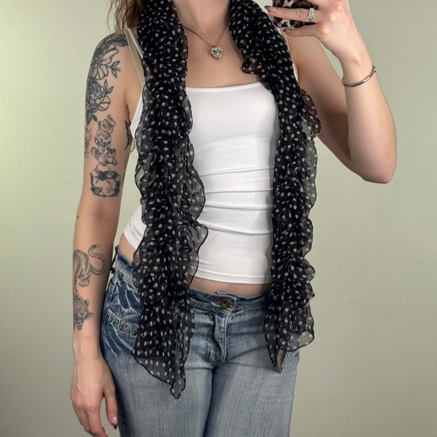 Y2K vintage sheer polka dot scarf ruffle frilly black white monochrome