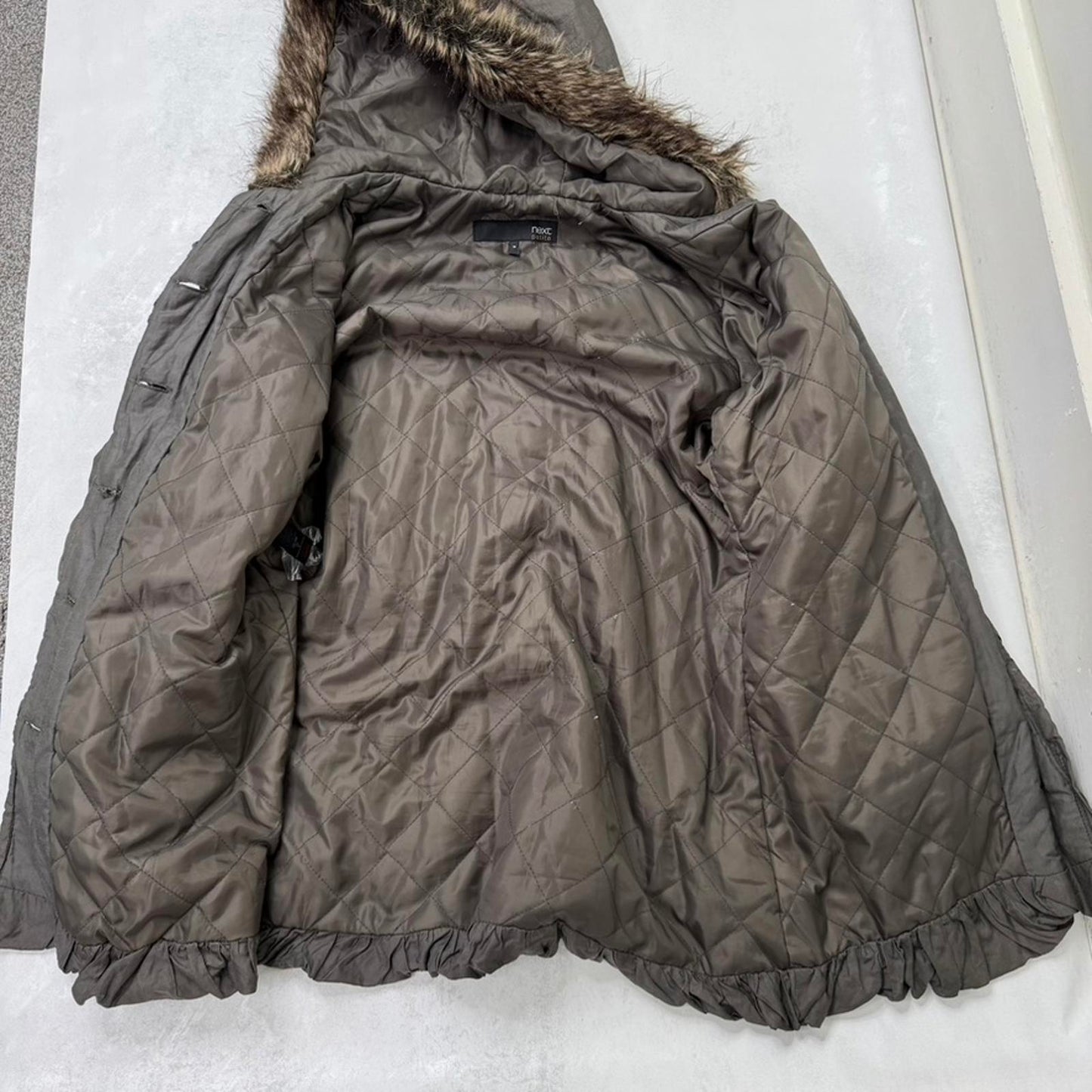 Y2K vintage parka coat ruched bow faux fur hood button up coquette brown velvet