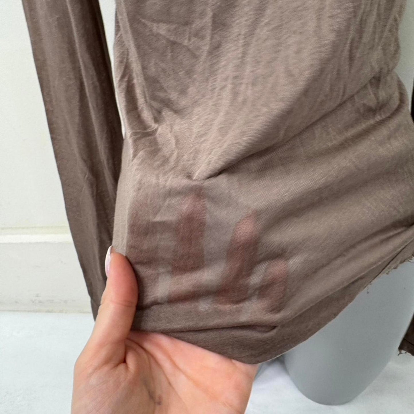 ME+EM sheer long sleeve top fraying hem light brown layering basic