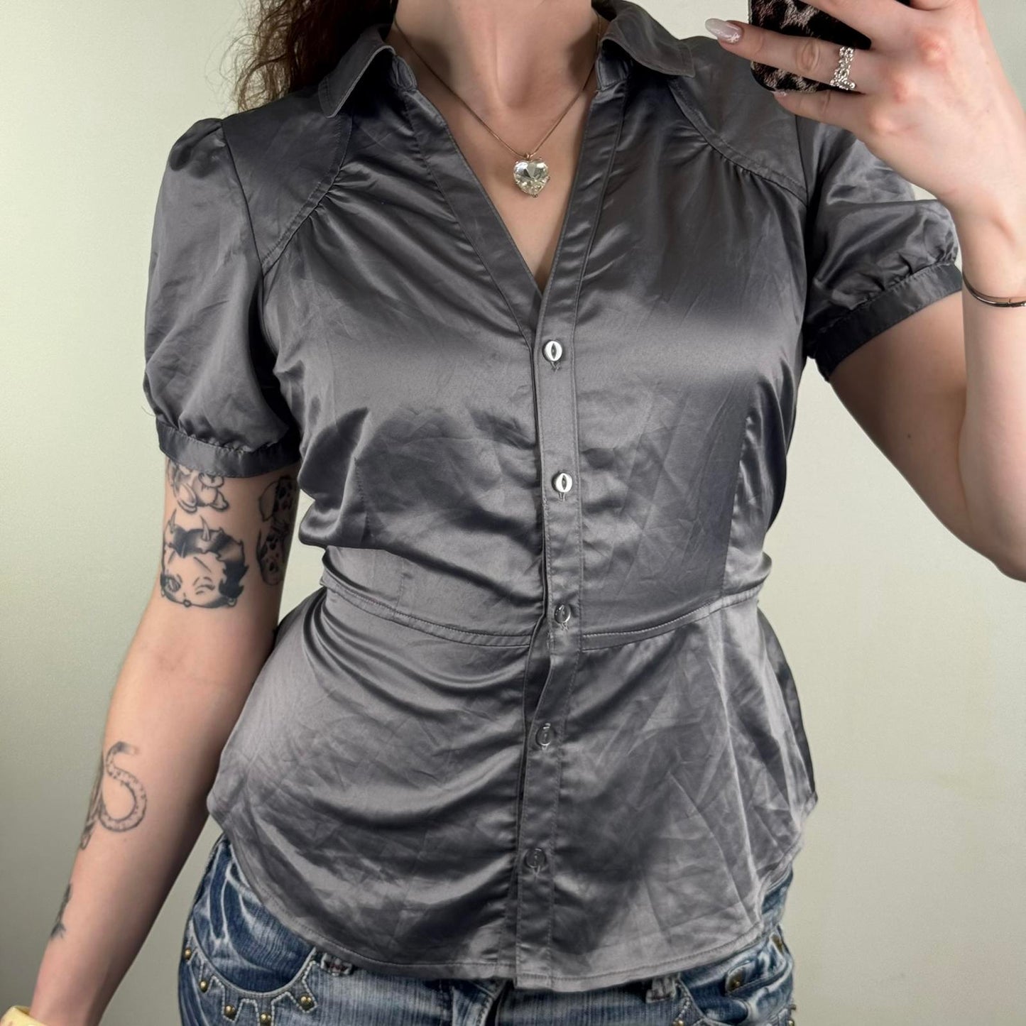 Y2K vintage satin blouse short sleeve button up adjustable bow fitted v neck