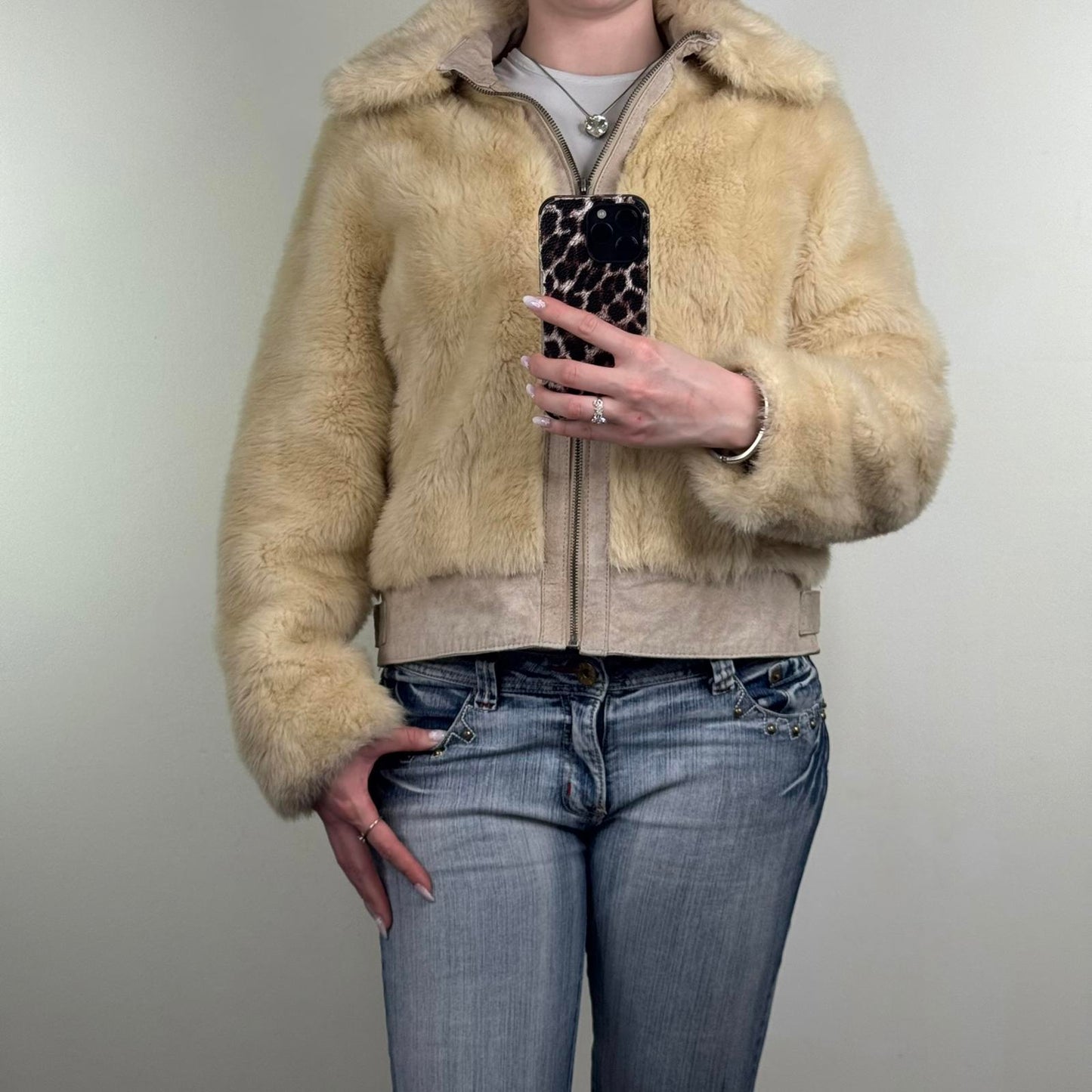 Y2K vintage faux fur zip up coat genuine suede trim collar beige fluffy