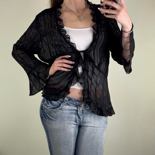 Y2K vintage sheer blouse tie bow front flare sleeve v neck frilly pleated black