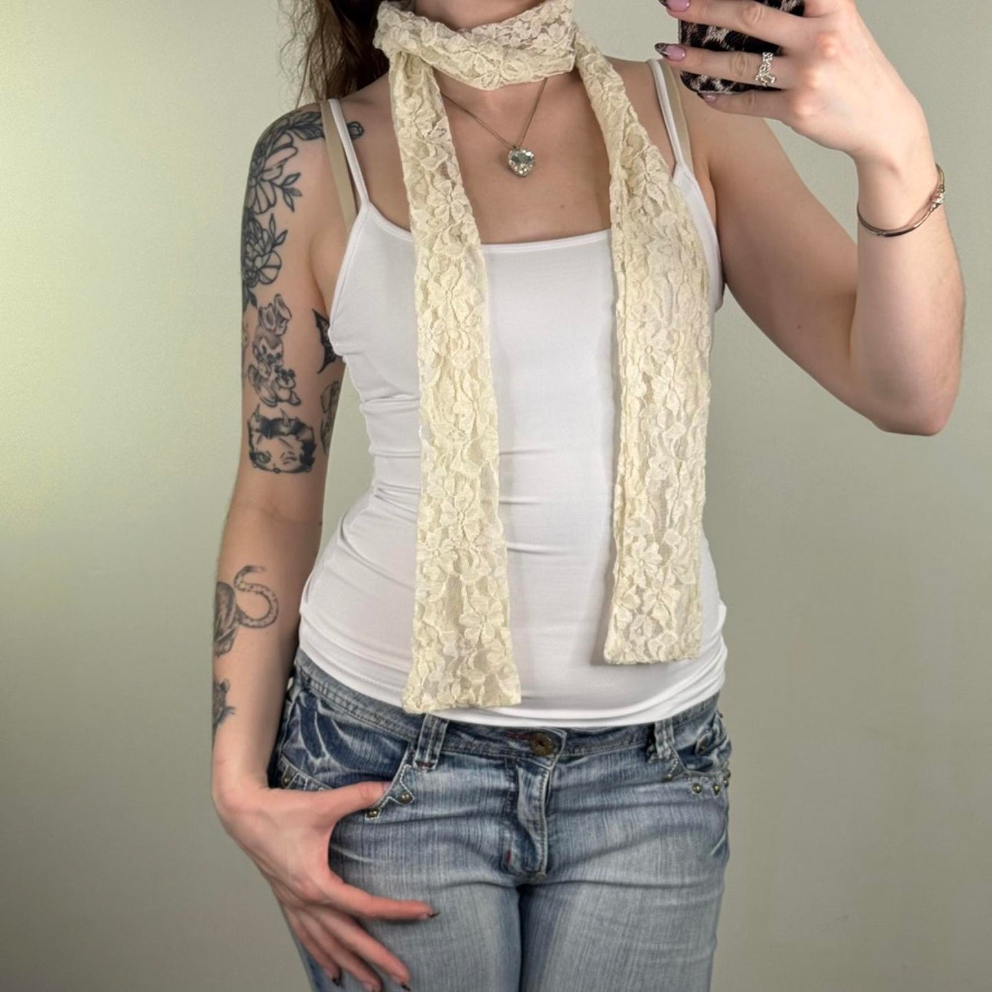 Y2K vintage lace scarf thin skinny cream coquette floral