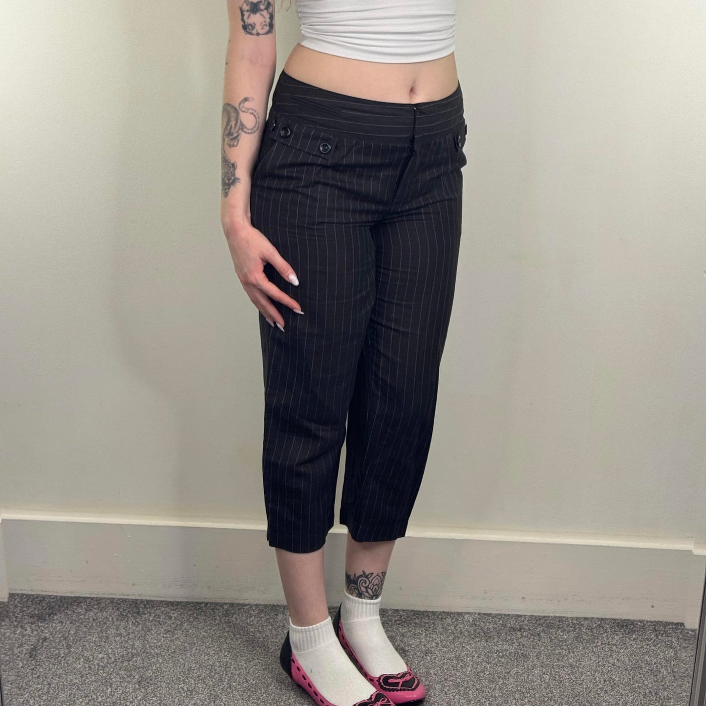 Y2K vintage capri pinstripe trousers linen blend mid rise cropped buttons office