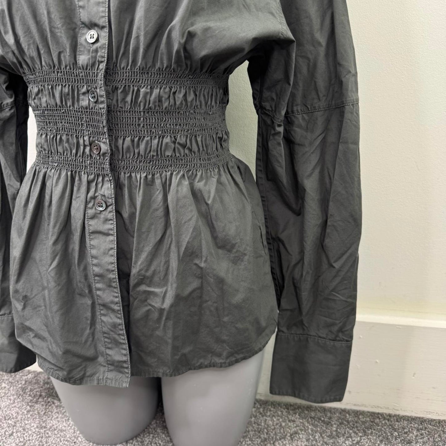 ARKET Smock Waist Poplin Blouse long sleeve shirt v neck button up RRP £69