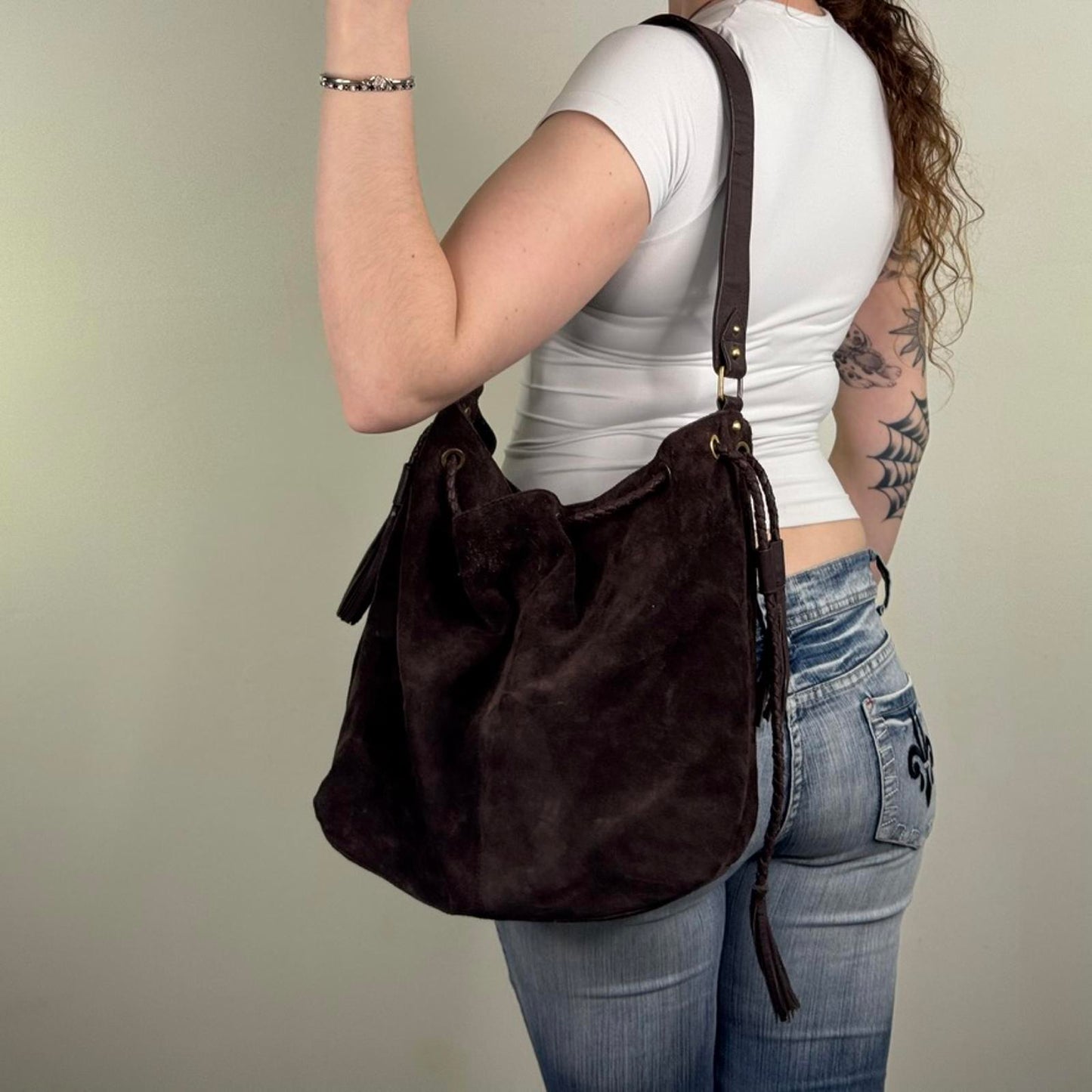 Y2K vintage genuine suede shoulder bag slouchy fringe