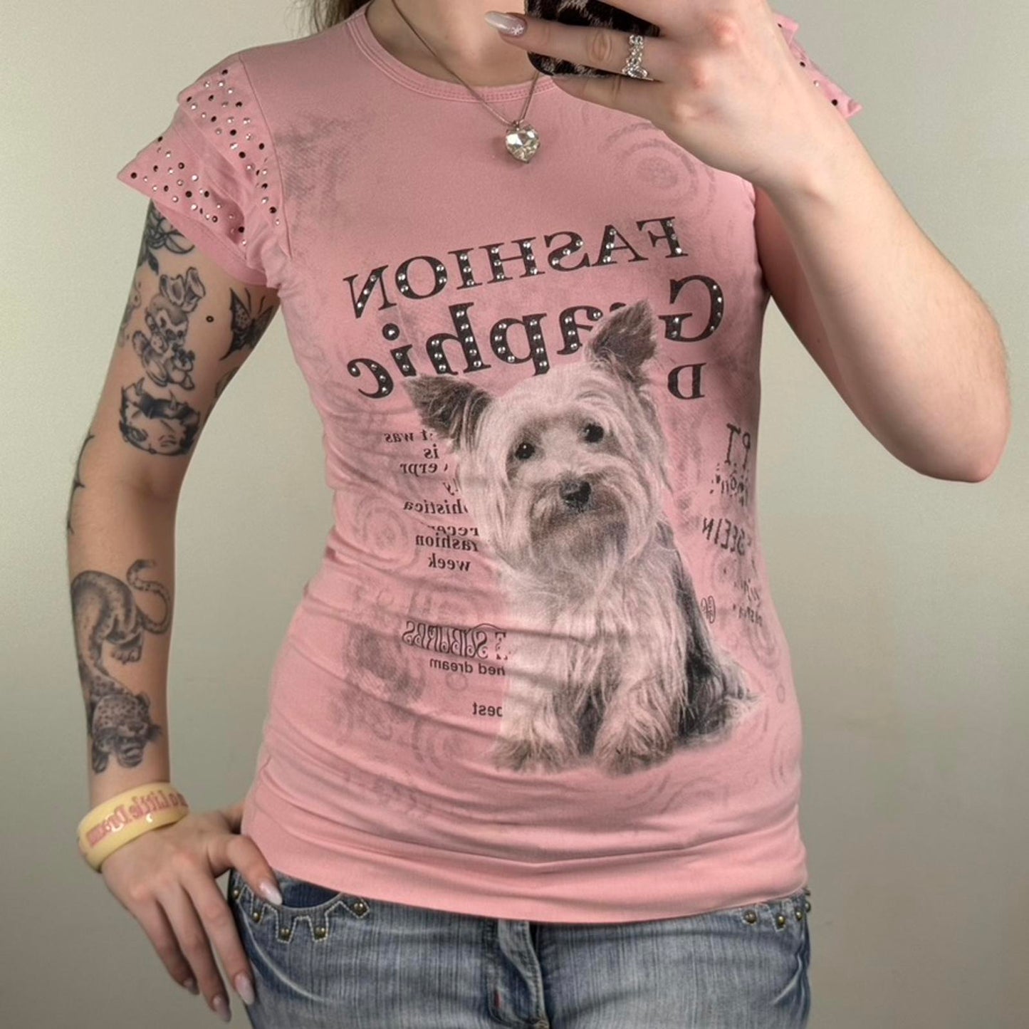 Y2K vintage graphic print top short sleeve dog yorkshire terrier studded pink