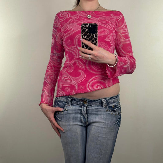 Y2K vintage long sleeve mesh top paisley print boat neck double mesh pink