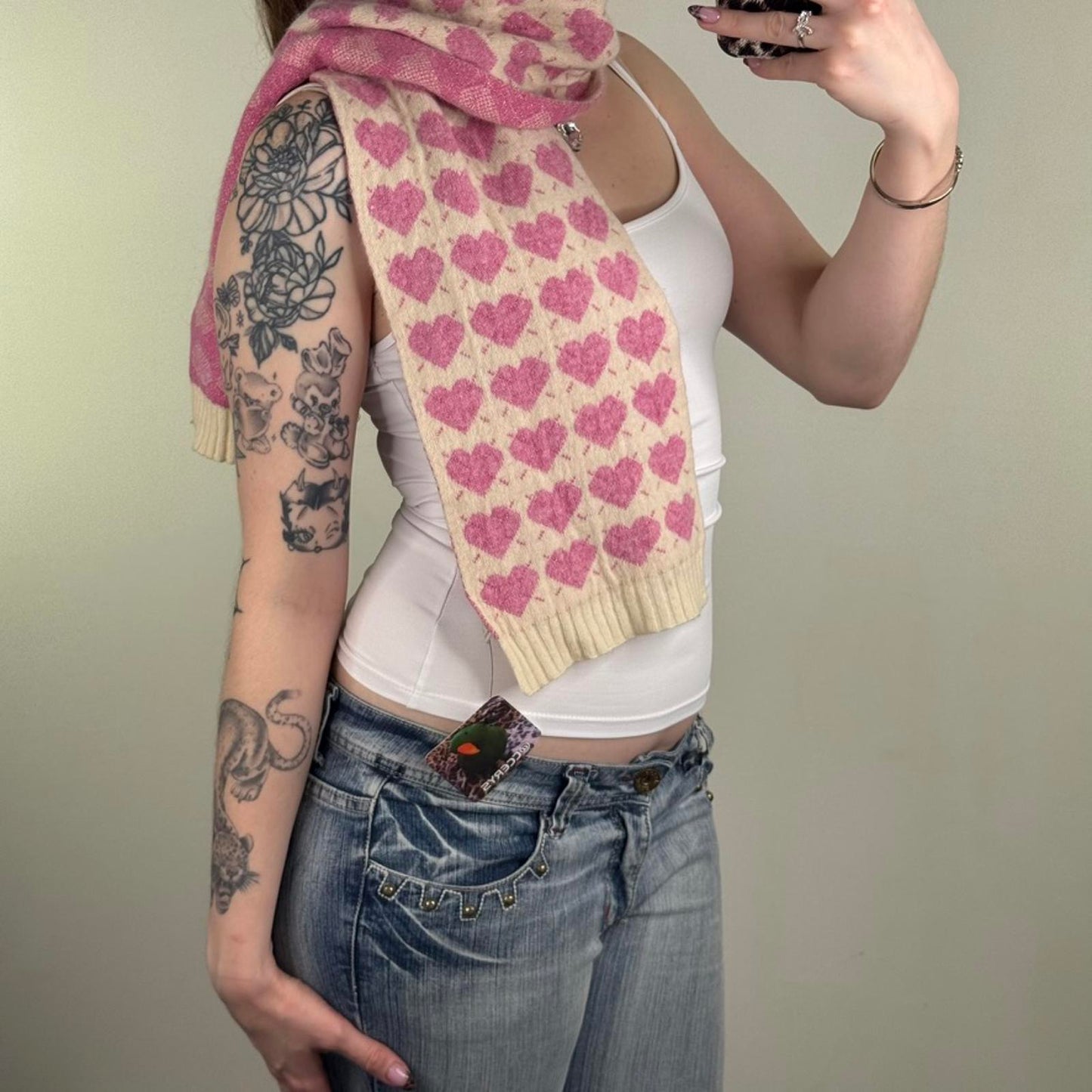 Y2K vintage heart scarf angora wool blend cream pink sparkly knitted