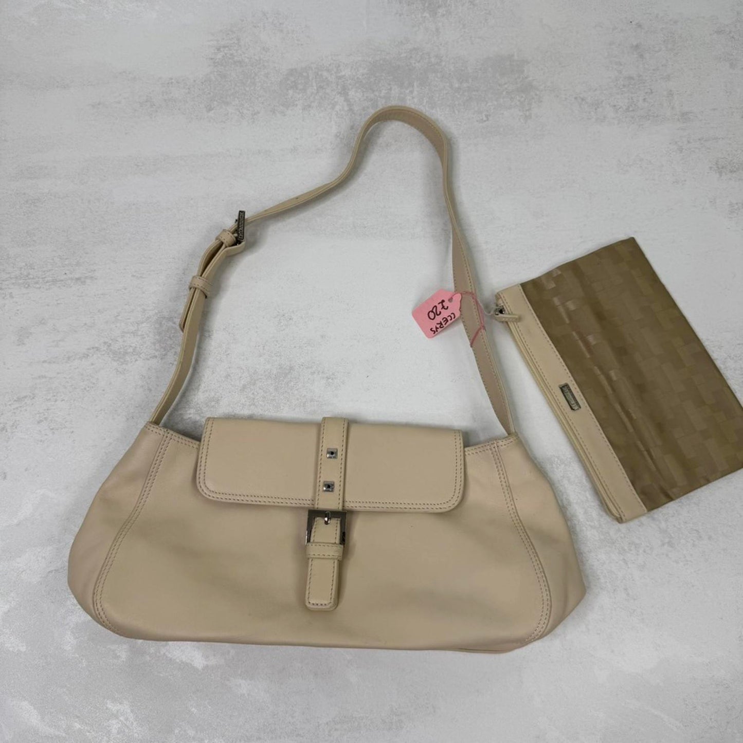 Y2K vintage shoulder bag with matching cosmetic bag cream silver studded