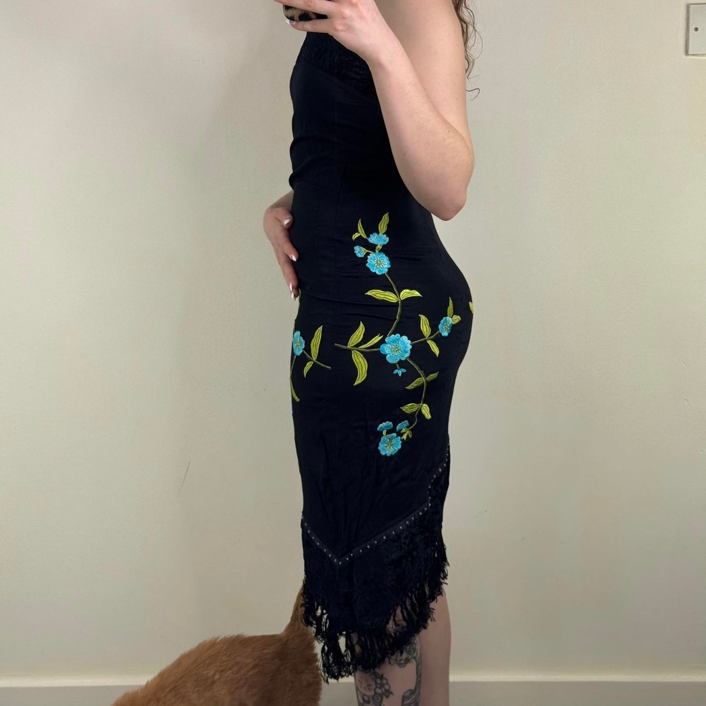Y2K vintage midi dress asymmetrical floral embroidery fringe beaded velvet trim