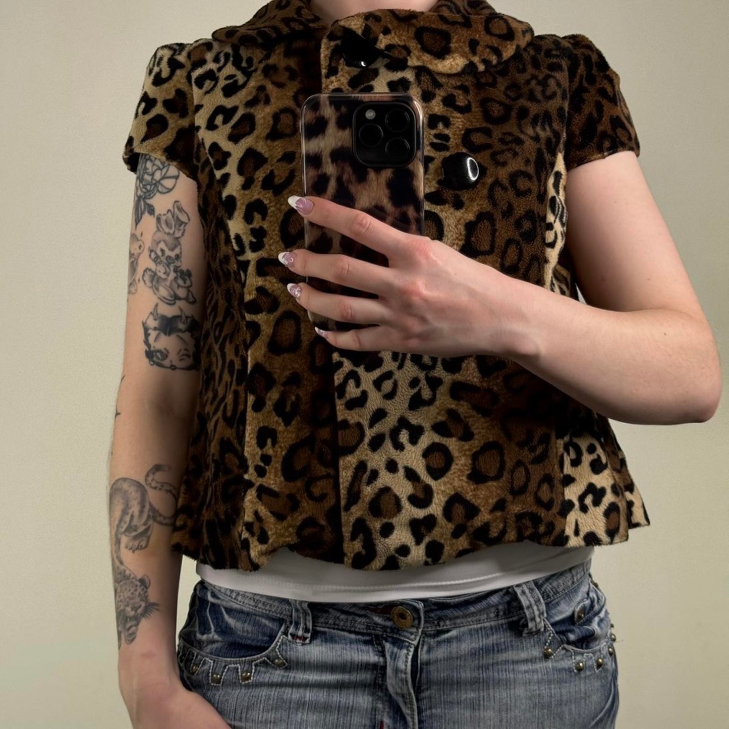 Y2K vintage leopard print pea coat jacket short sleeve high neck short length