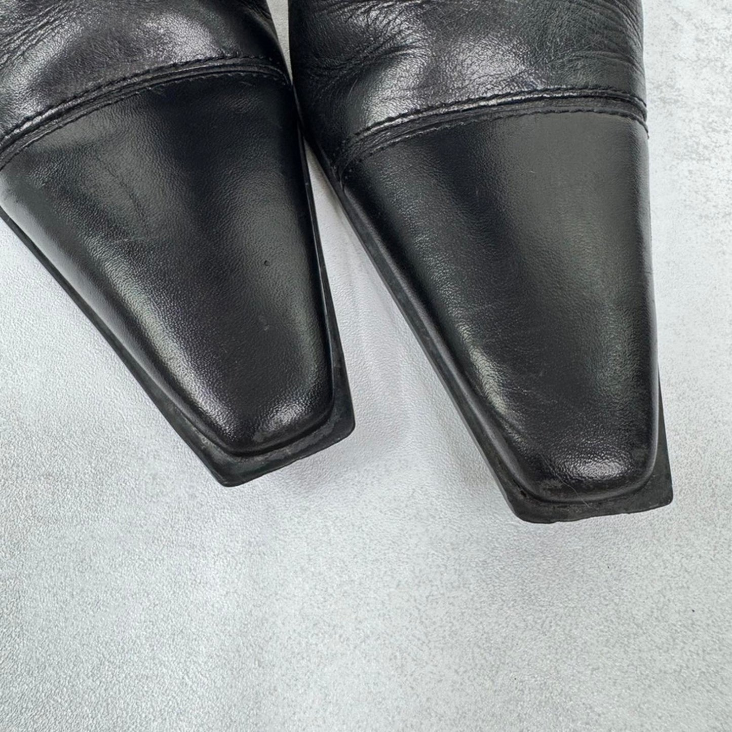 Y2K vintage genuine leather heeled boots square toe fitted block pointed black