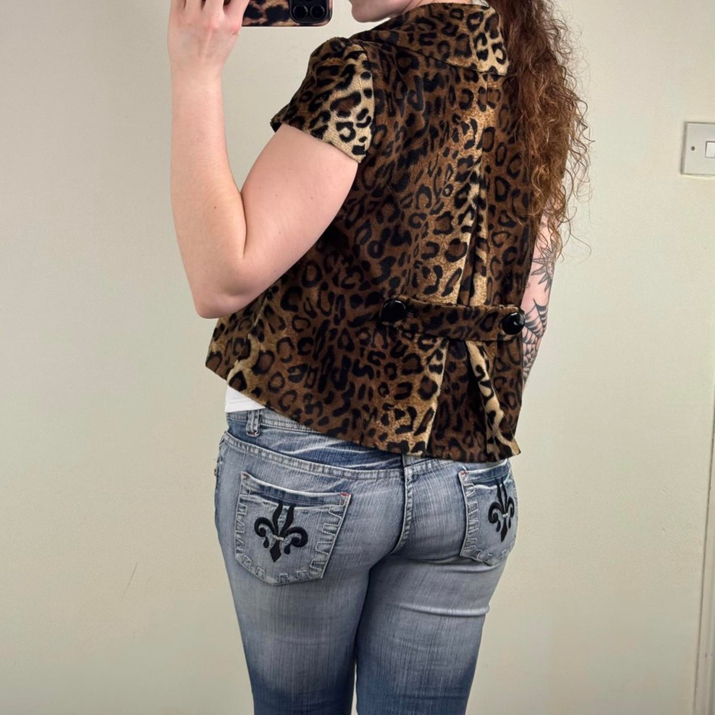 Y2K vintage leopard print pea coat jacket short sleeve high neck short length