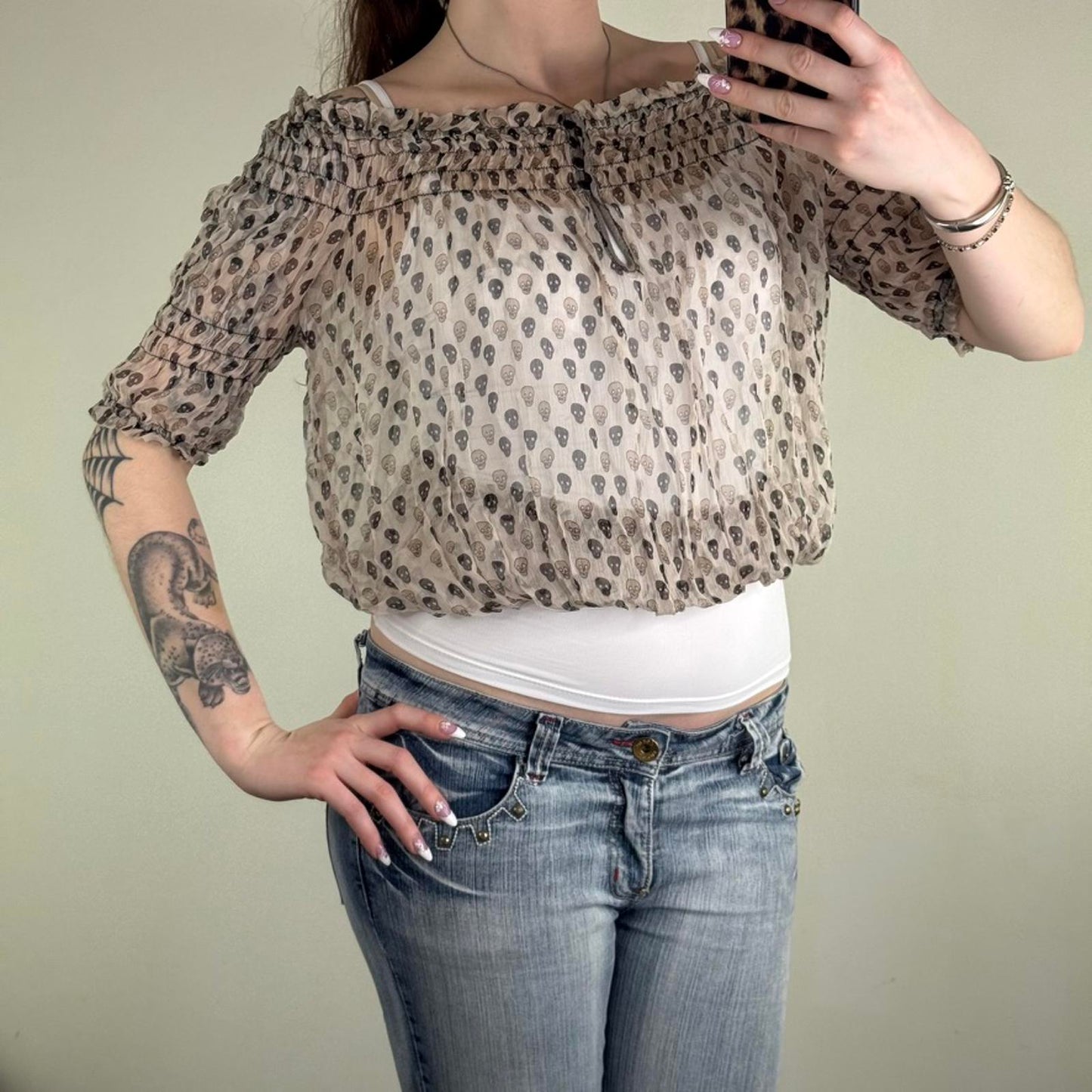 Y2K vintage blouse skull print short sleeve cropped keyhole sheer lightweight