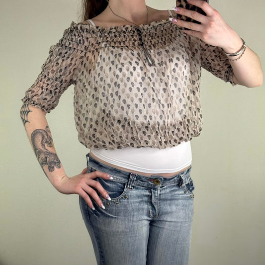 Y2K vintage blouse skull print short sleeve cropped keyhole sheer lightweight