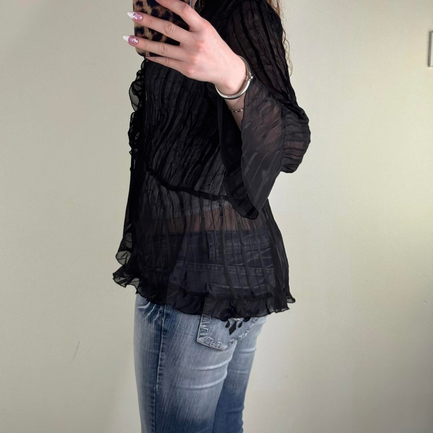 Y2K vintage sheer blouse tie bow front flare sleeve v neck frilly pleated black