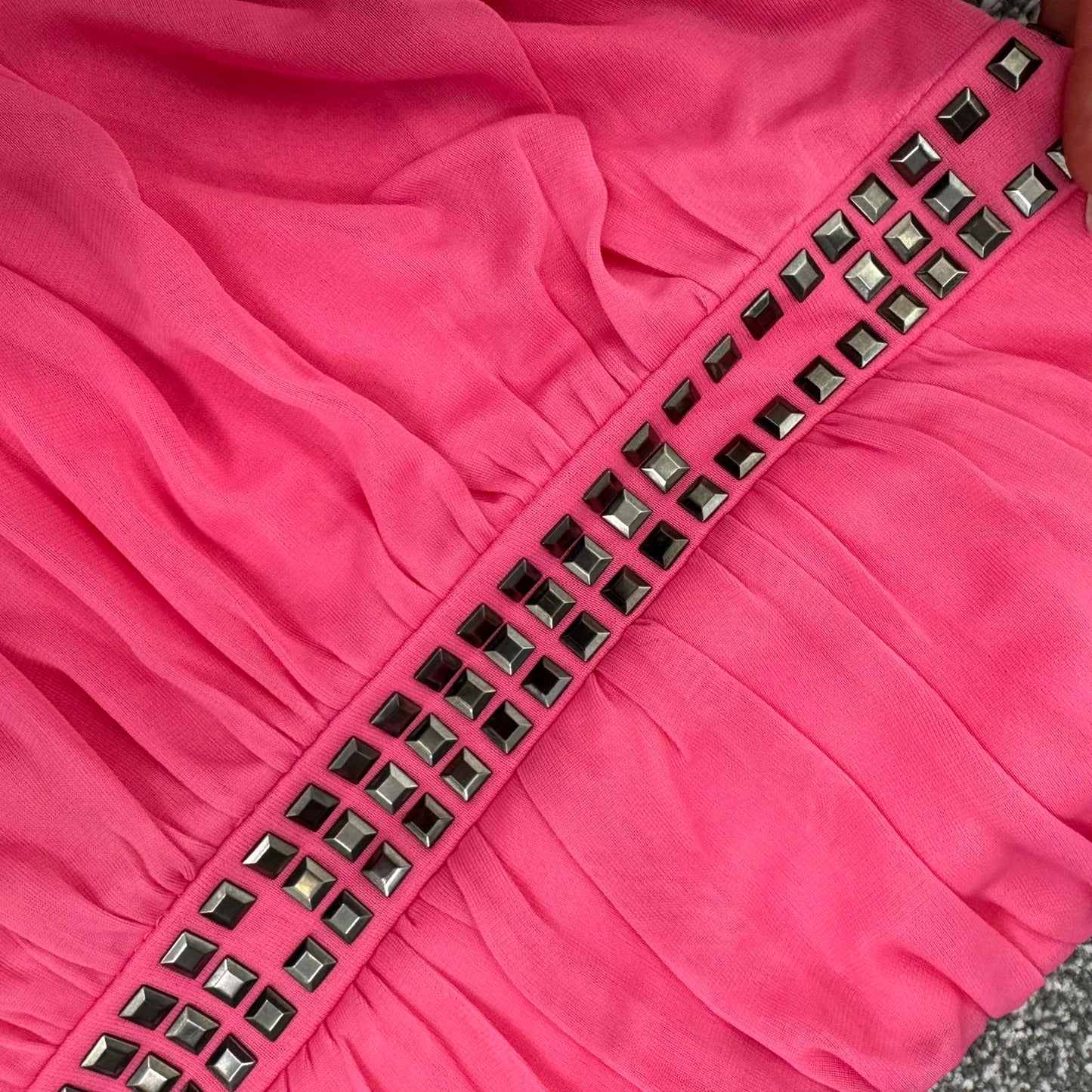Y2K vintage strapless peplum top studded ruched mesh overlay pink 2010s