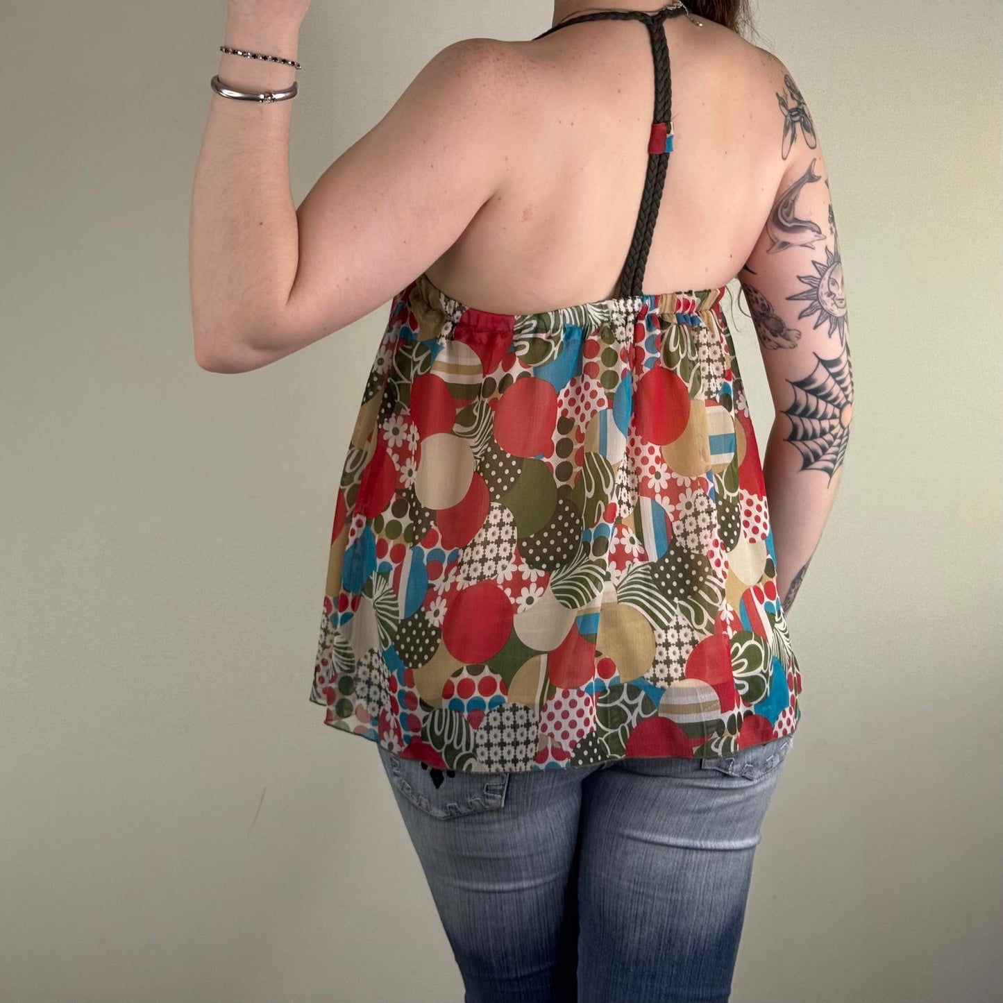 Y2K vintage halter neck top flowy double layer abstract pattern braided v neck