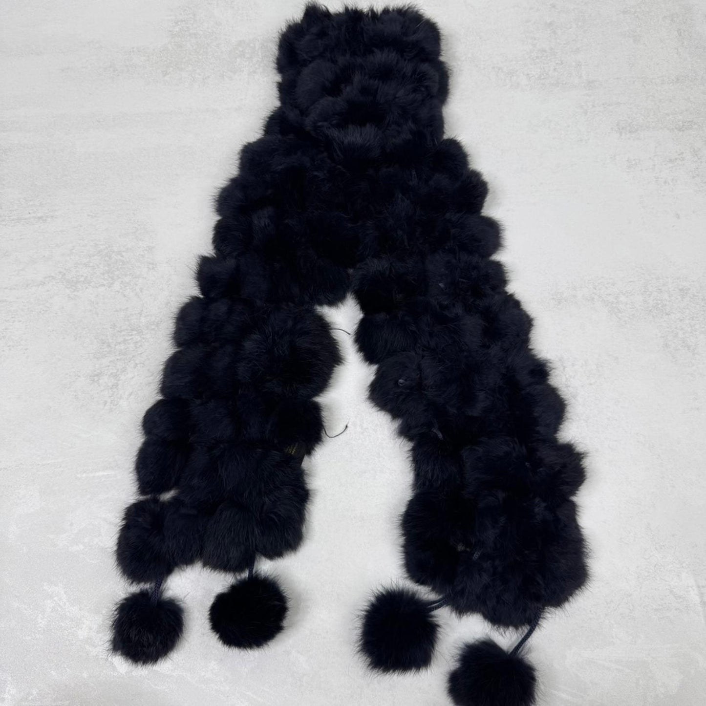 Y2K vintage genuine real fur scarf pom poms navy