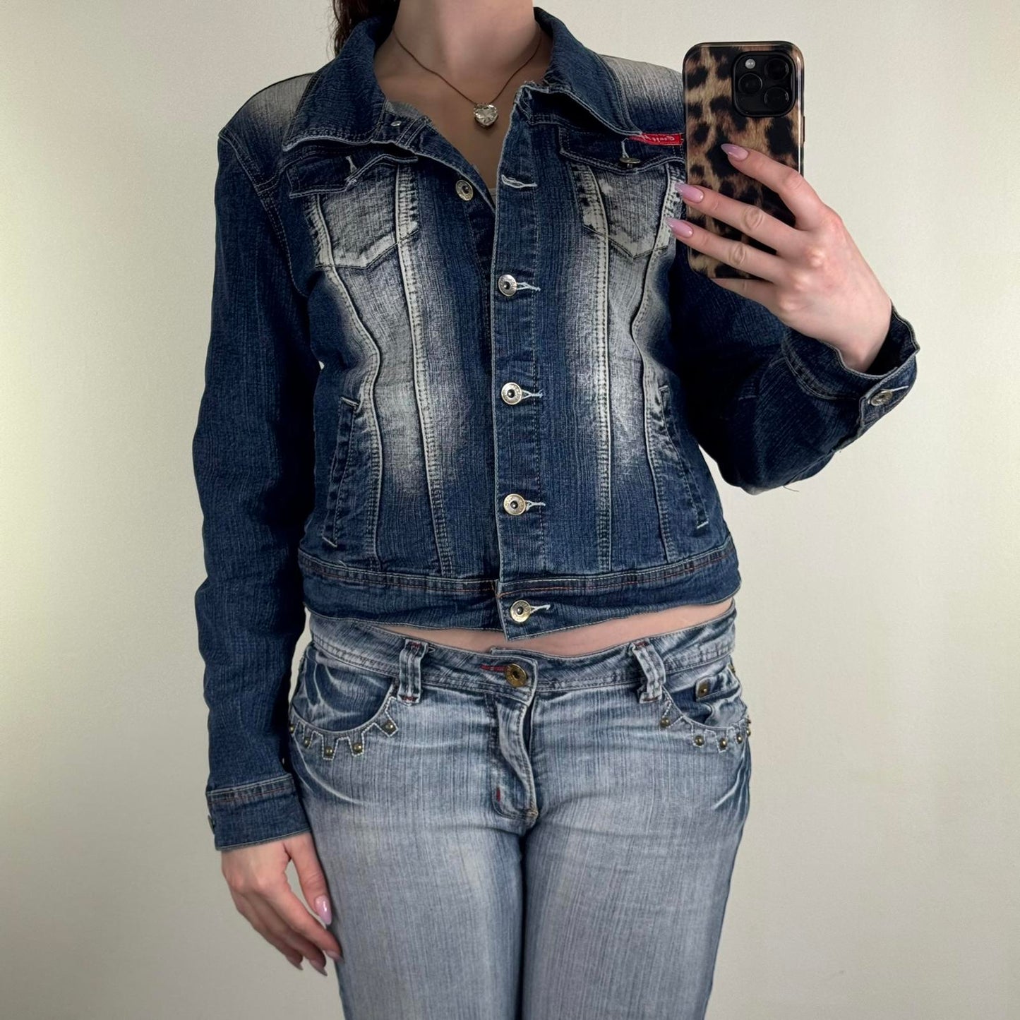 Y2K vintage Crazy Age denim jacket button up panther embroidery stretchy