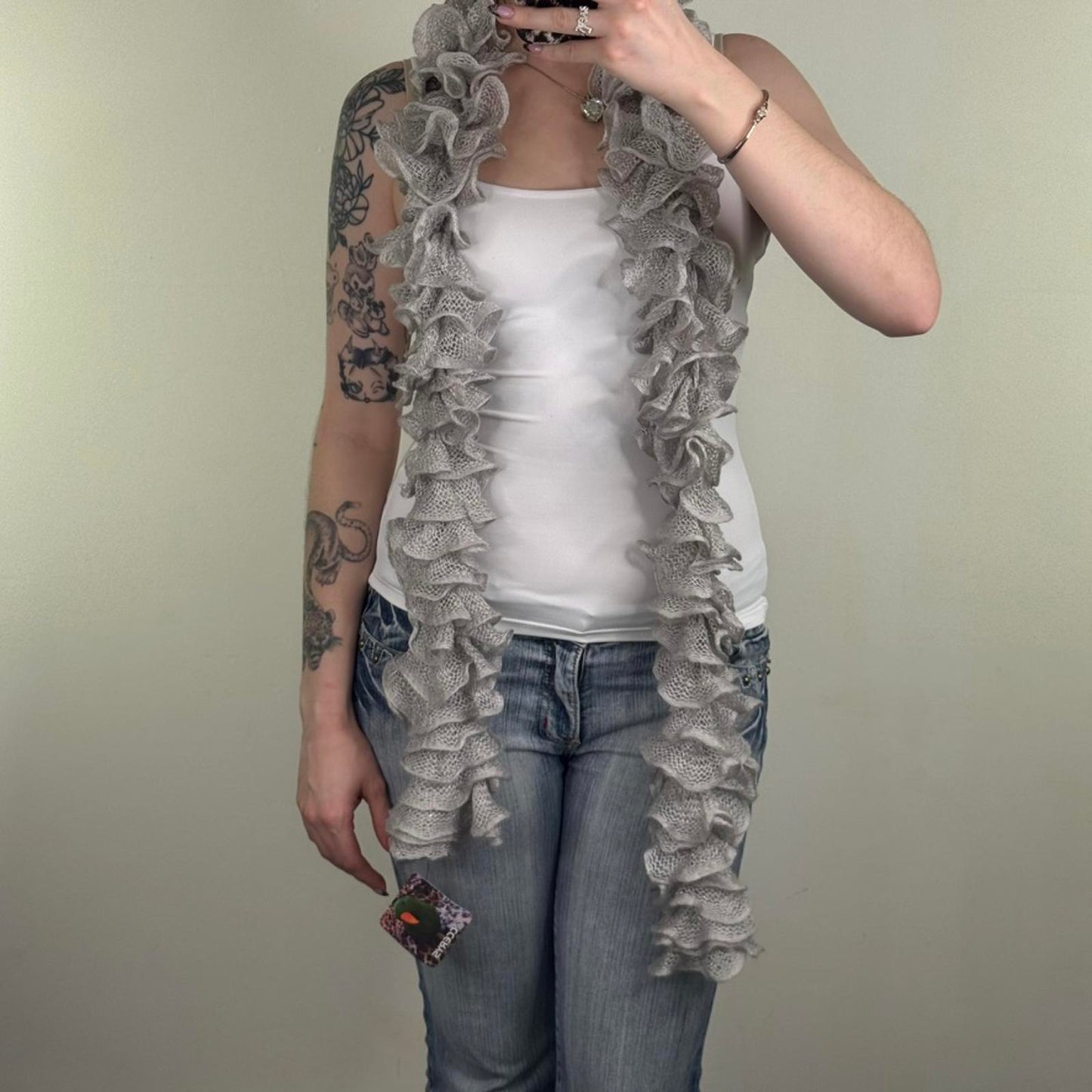 Y2K vintage knitted scarf ruffle layered sparkly grey glitter silver