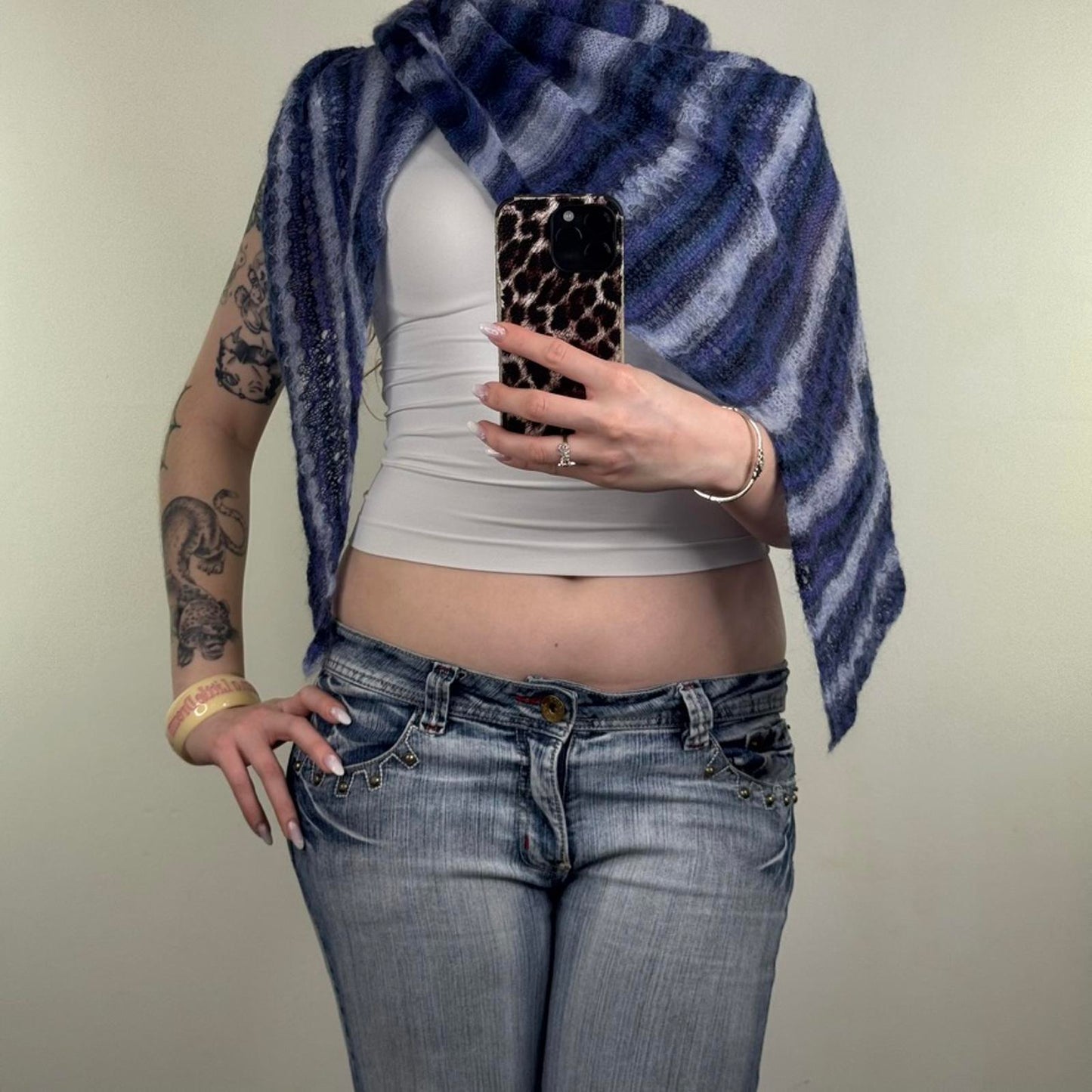 Y2K vintage mohair blend scarf sarong stripe multiway sheer light dark blue