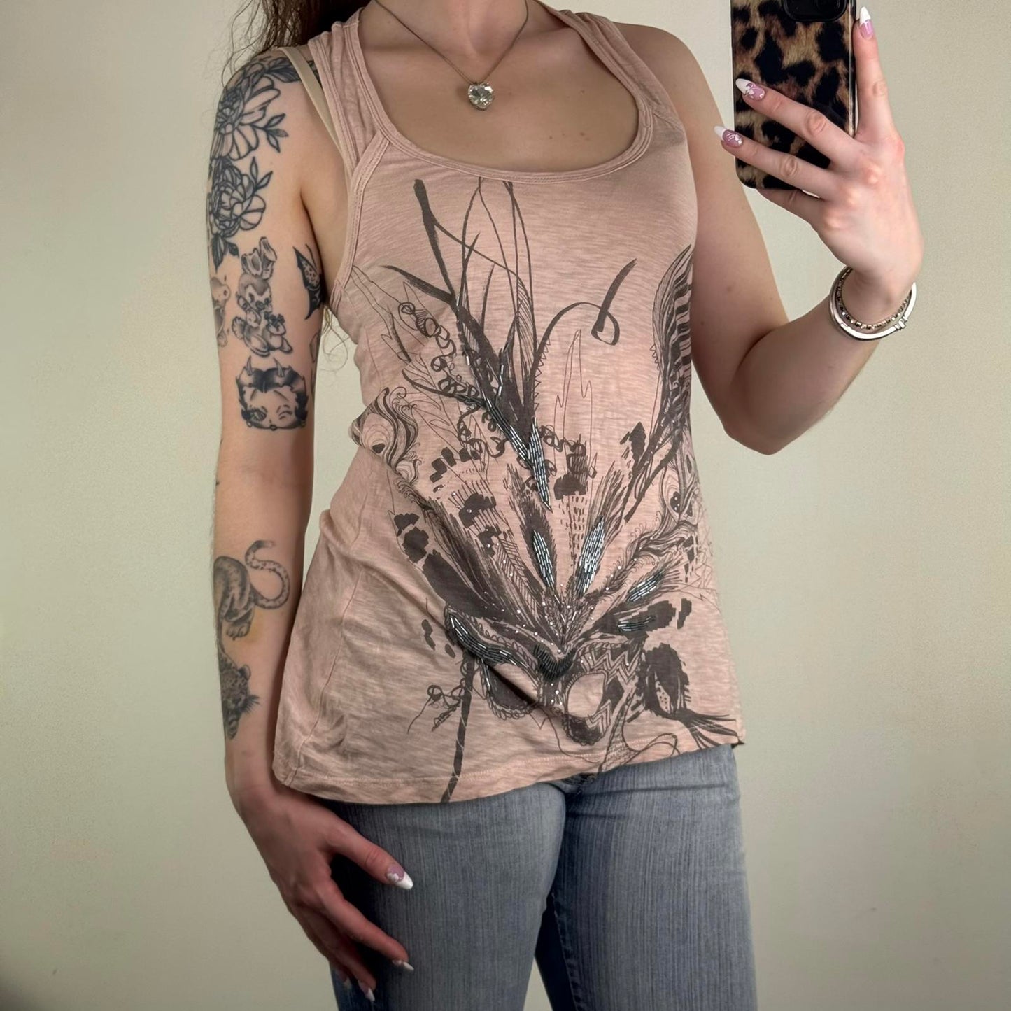 Y2K vintage sleeveless top tank graphic print flowy slouchy racerback beaded
