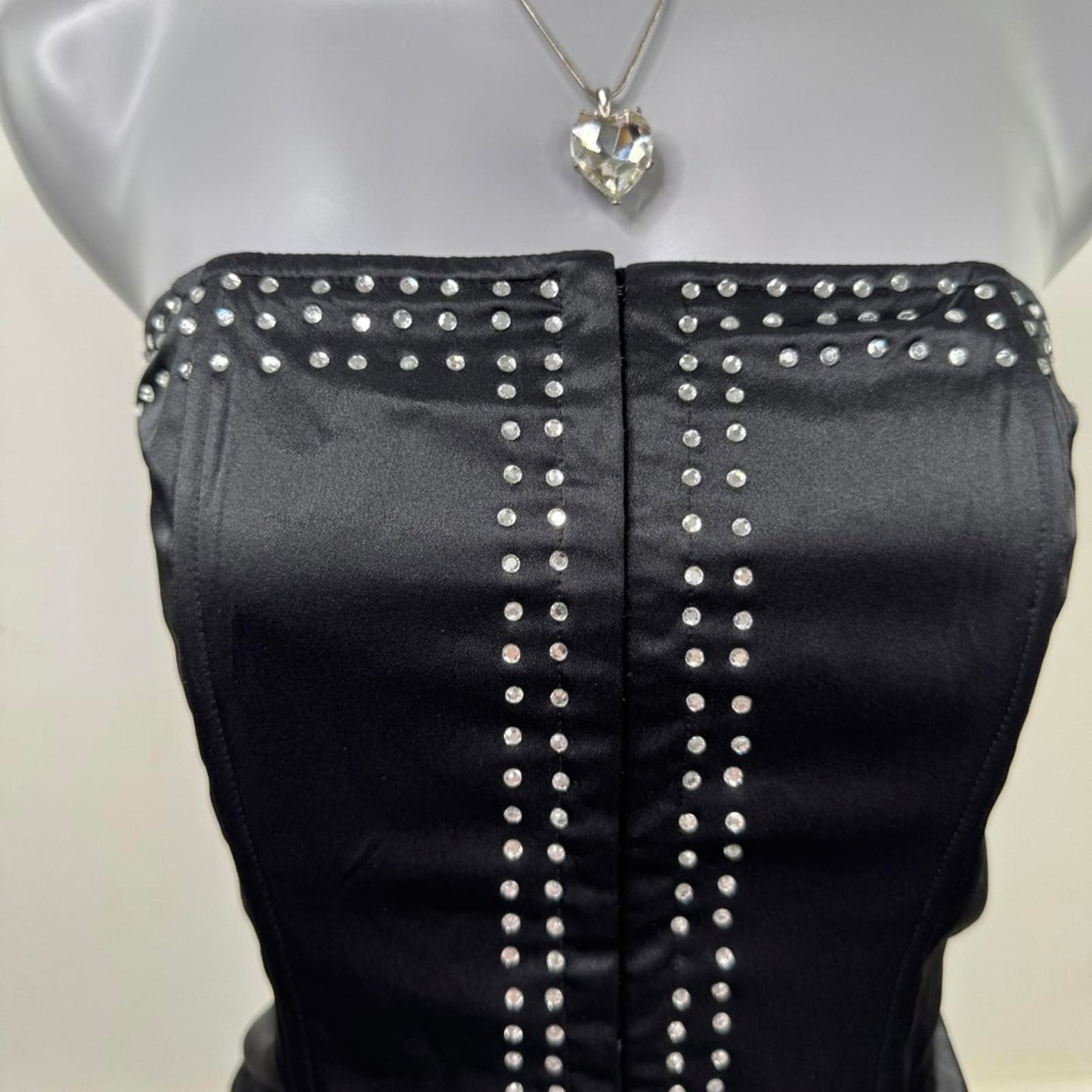 Y2K vintage strapless boned top bustier satin rhinestone hook and eye black