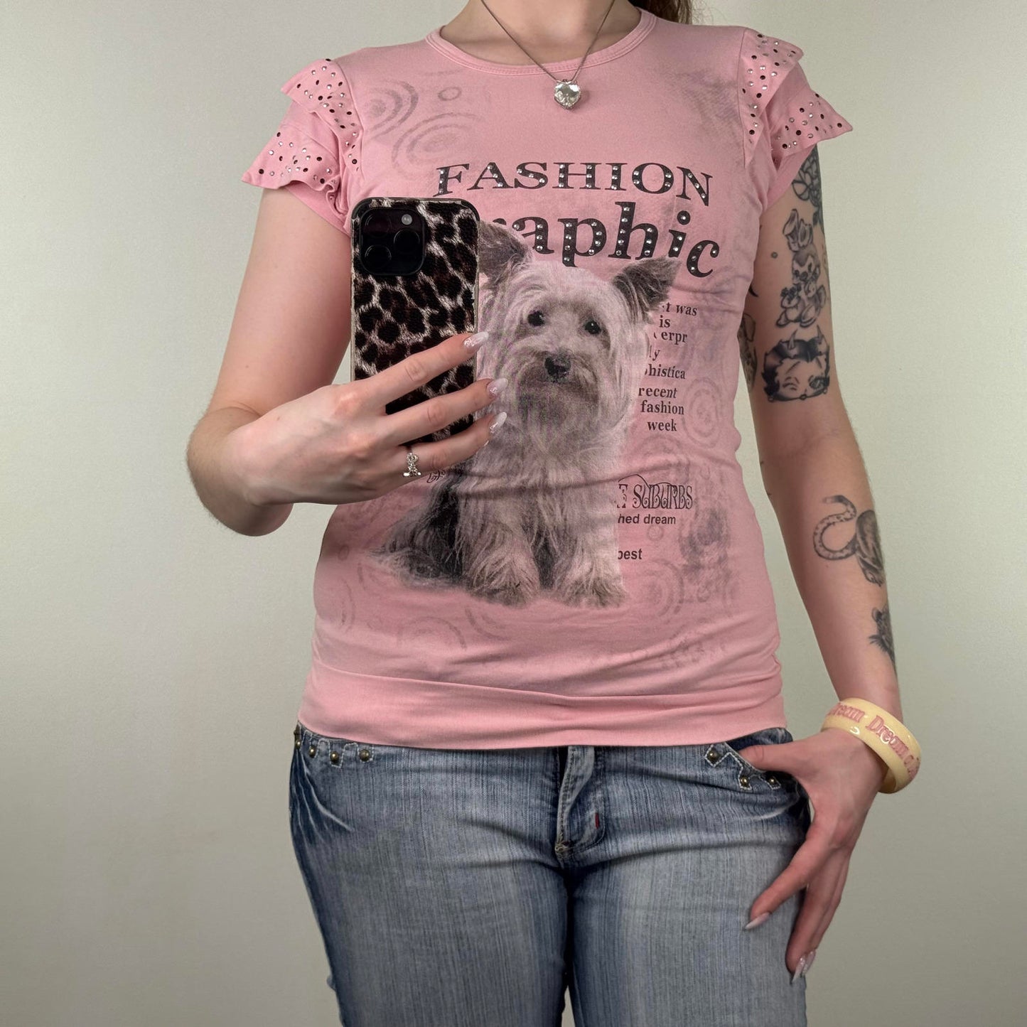 Y2K vintage graphic print top short sleeve dog yorkshire terrier studded pink