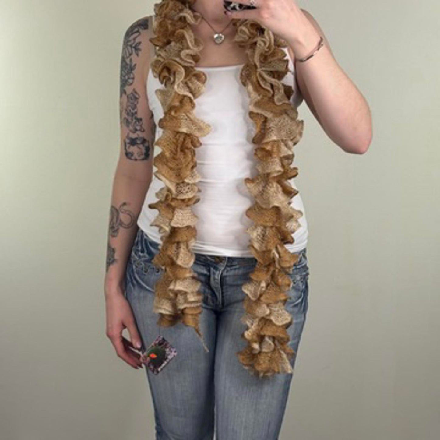 Y2K vintage knitted ruffle scarf layered beige cream knit
