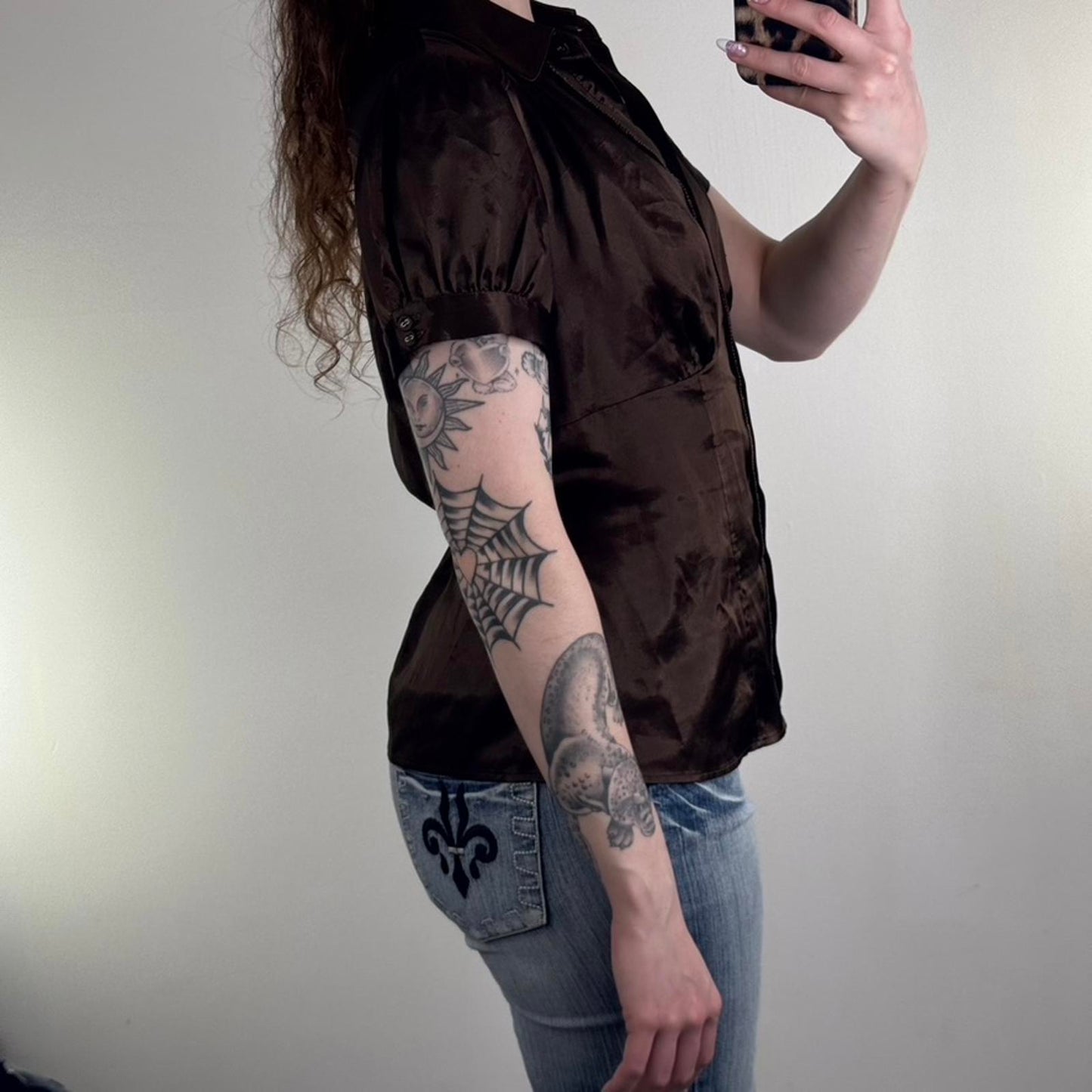 Y2K vintage blouse button up fitted cap short sleeve satin ruched shirt brown