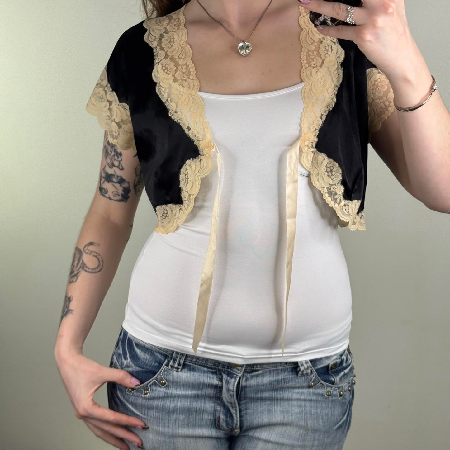 Y2K vintage cardigan lace trim short sleeve cropped bow satin black cream