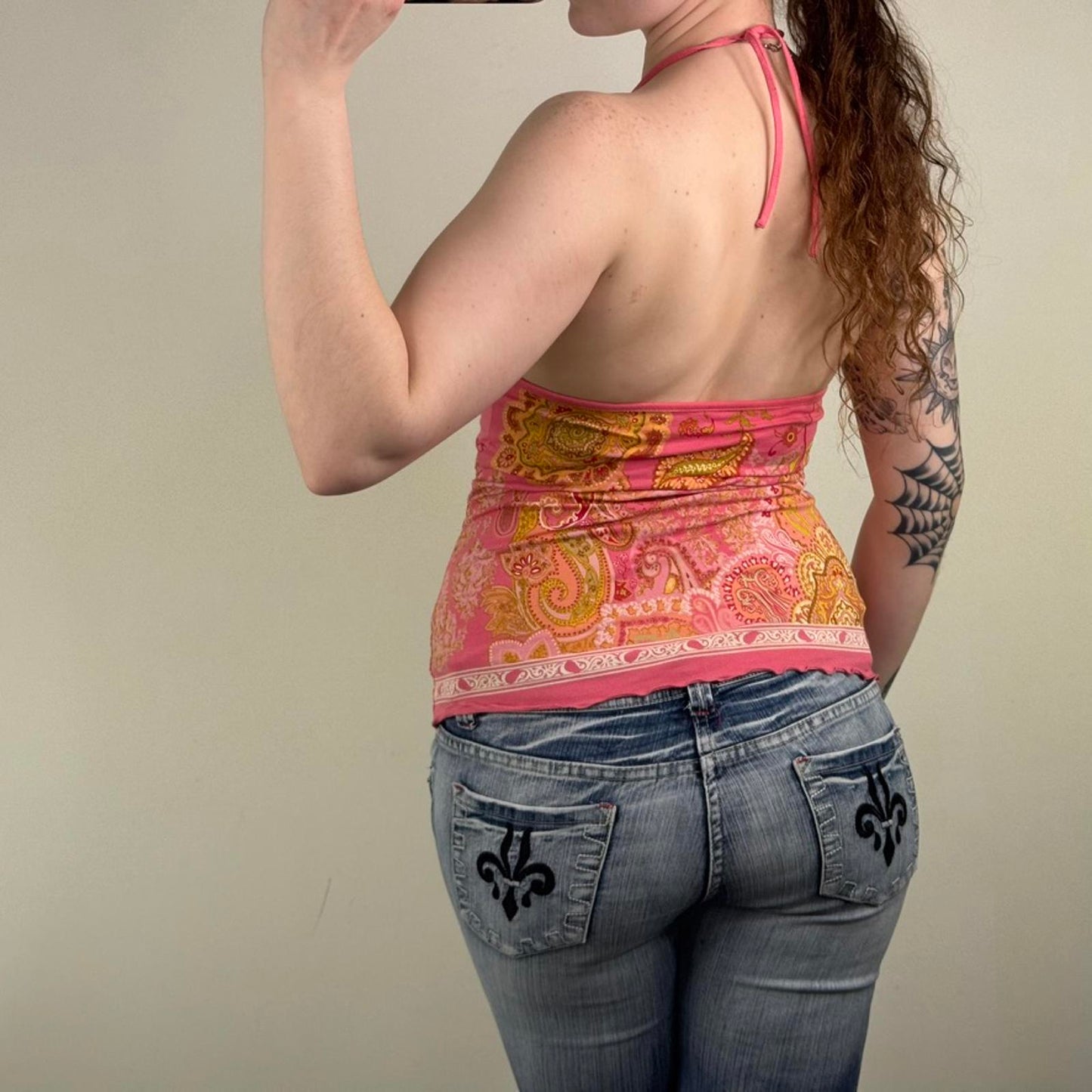 Y2K vintage keyhole tank top halter neck bow paisley pattern bow sparkly
