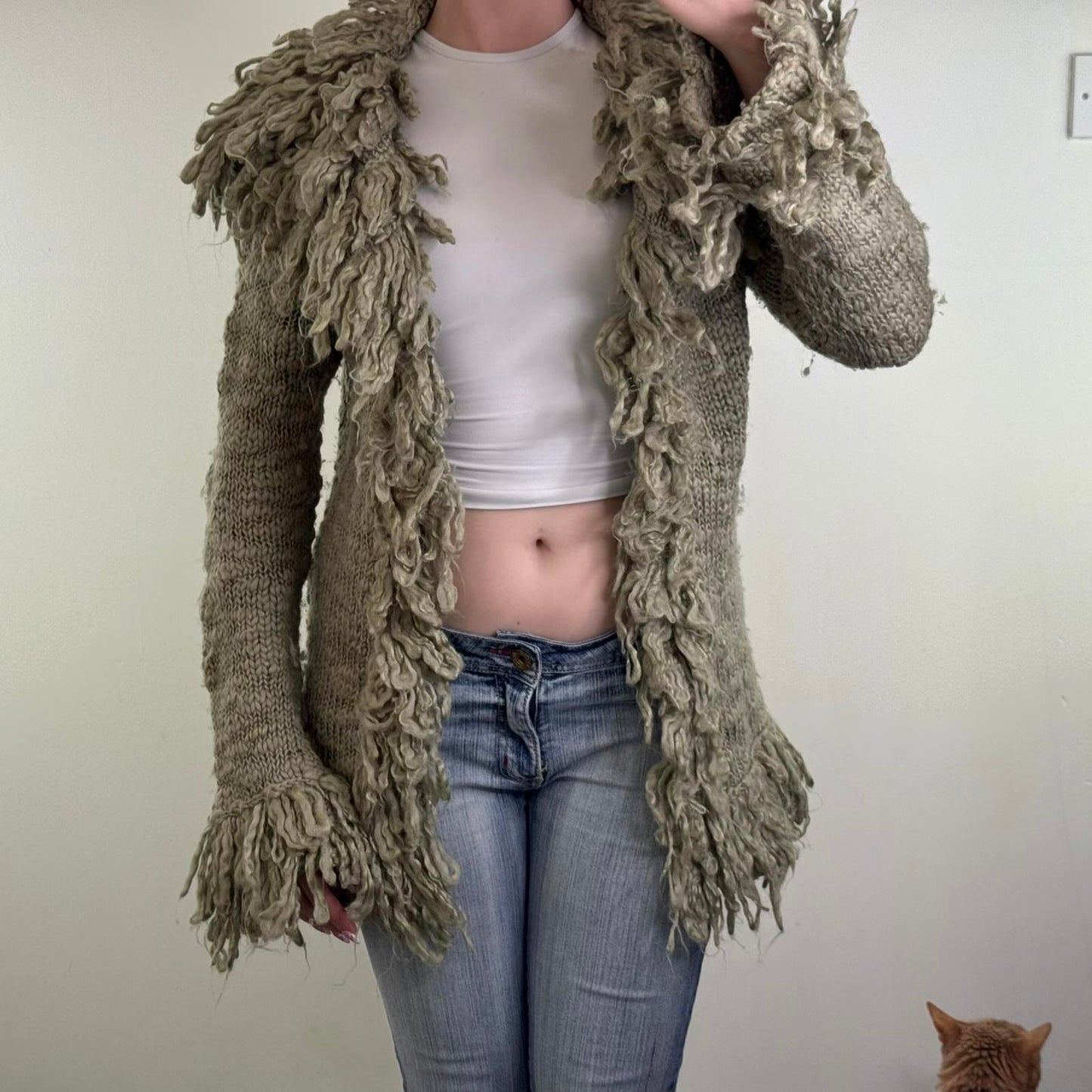 Y2K vintage wool blend shaggy chunky knit cardigan v neck mid length boho